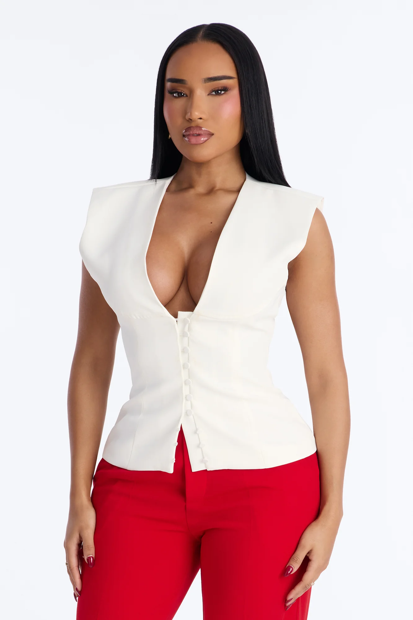 Off Duty Boss Short Sleeve Button Front Blouse - White
