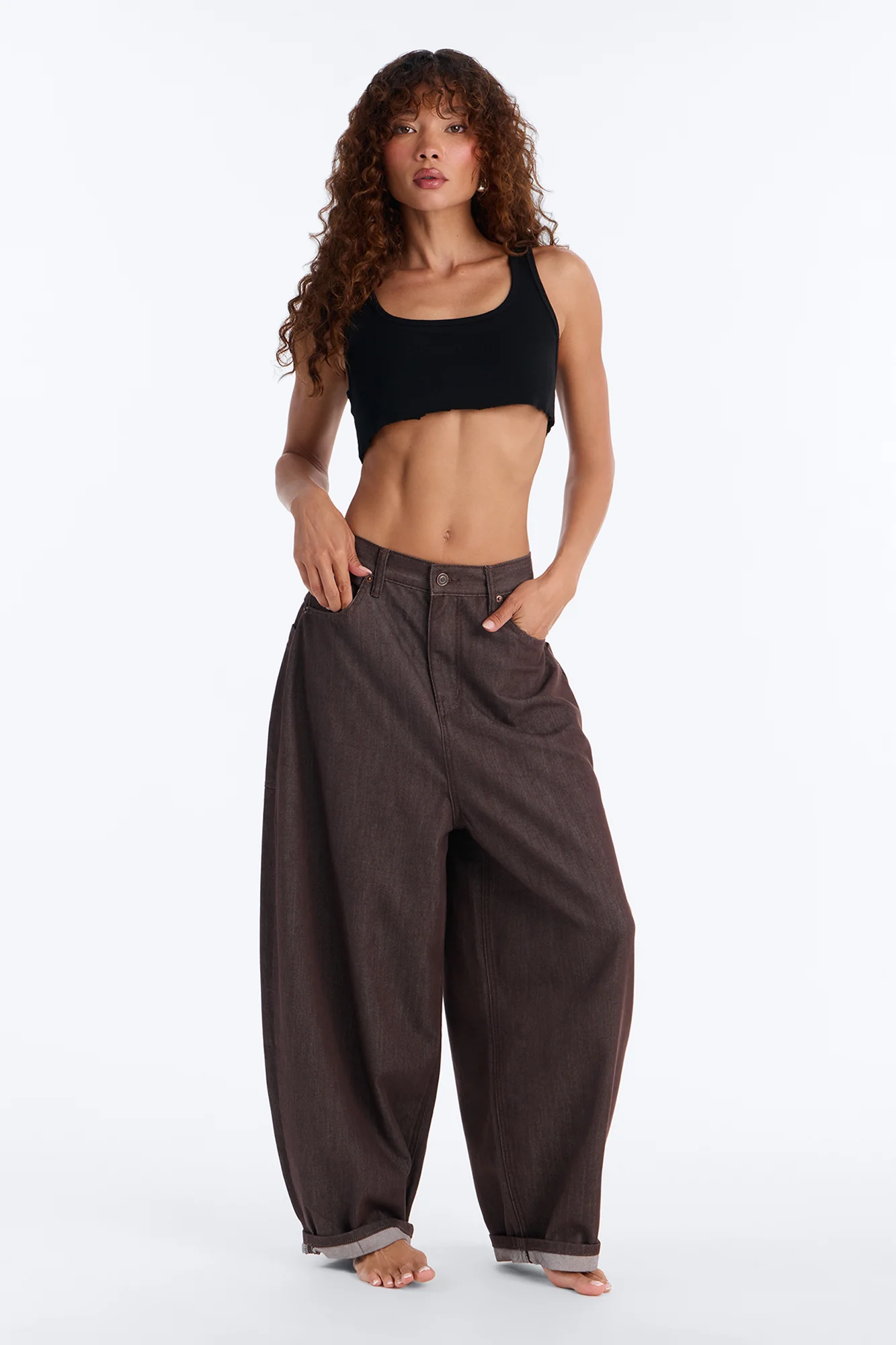 Off The Grid Cuffed Barrel Leg Jeans - Brown - Image 2