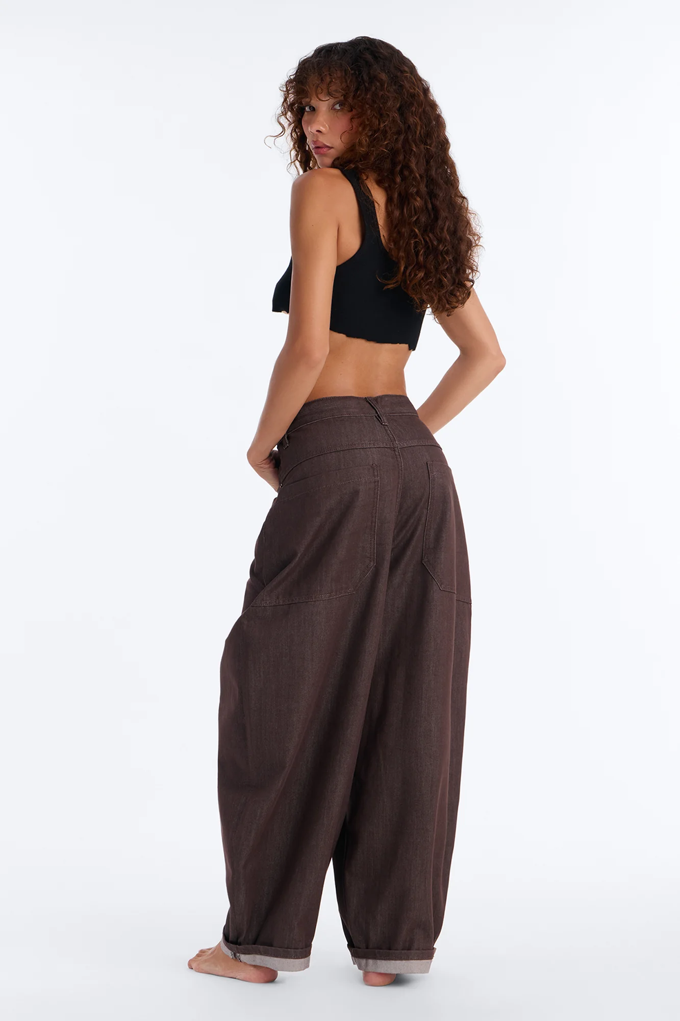 Off The Grid Cuffed Barrel Leg Jeans - Brown - Image 3
