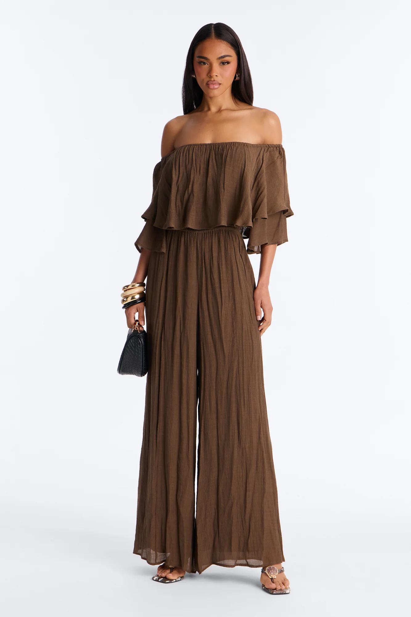 Off To Brunch Ruffle Wide Leg Jumpsuit - Chocolate
