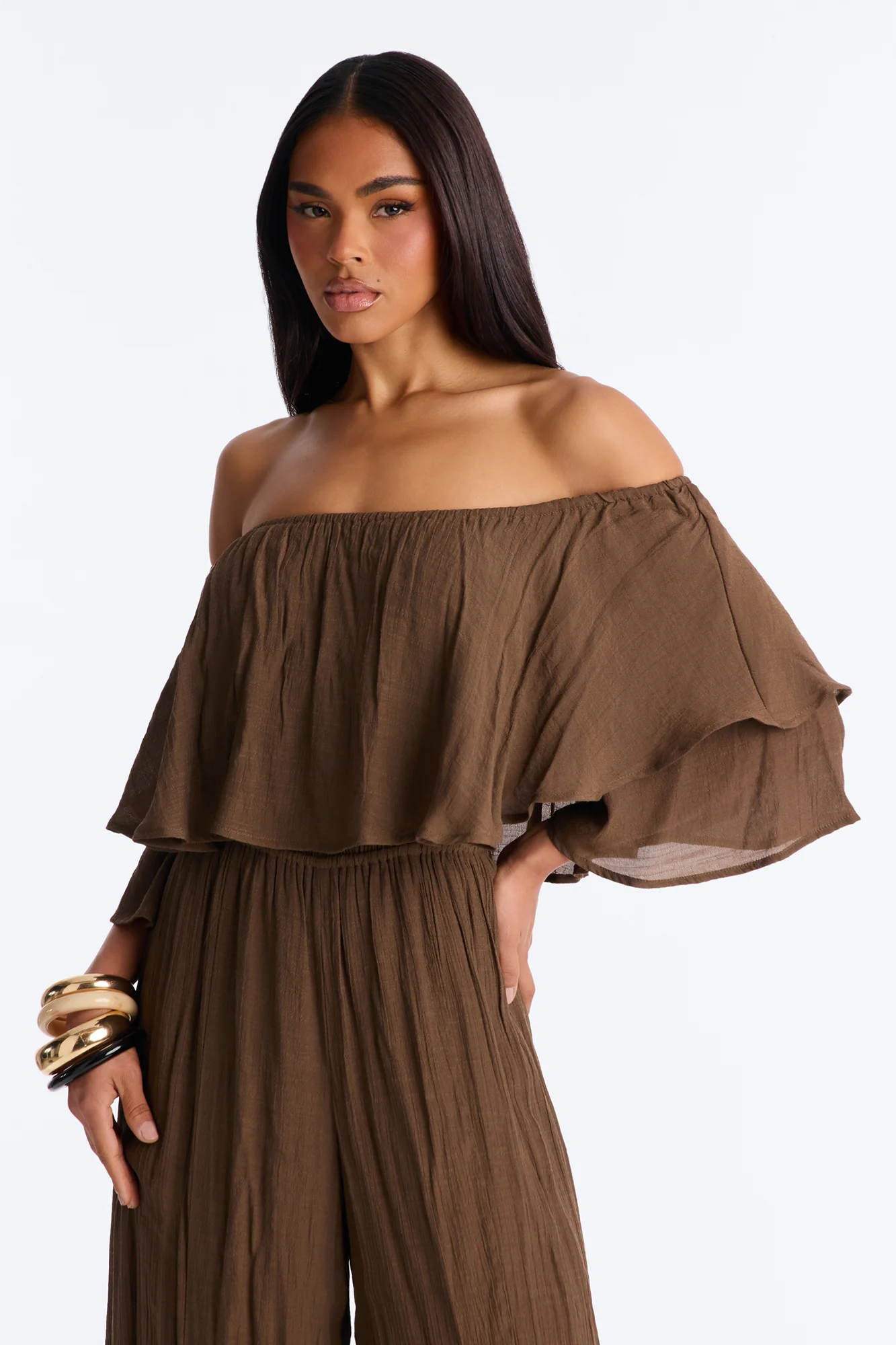 Off To Brunch Ruffle Wide Leg Jumpsuit - Chocolate - Image 2