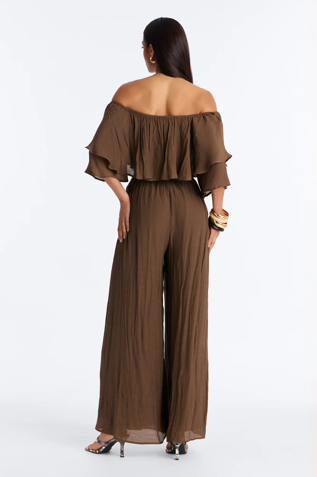 Off To Brunch Ruffle Wide Leg Jumpsuit - Chocolate - Image 3
