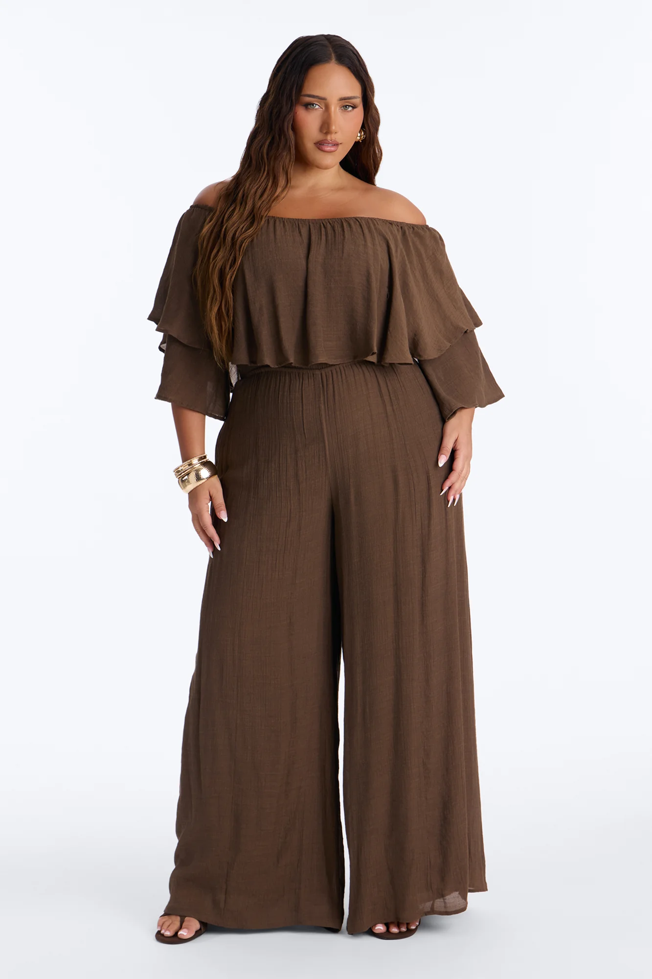 Off To Brunch Ruffle Wide Leg Jumpsuit - Chocolate - Image 4