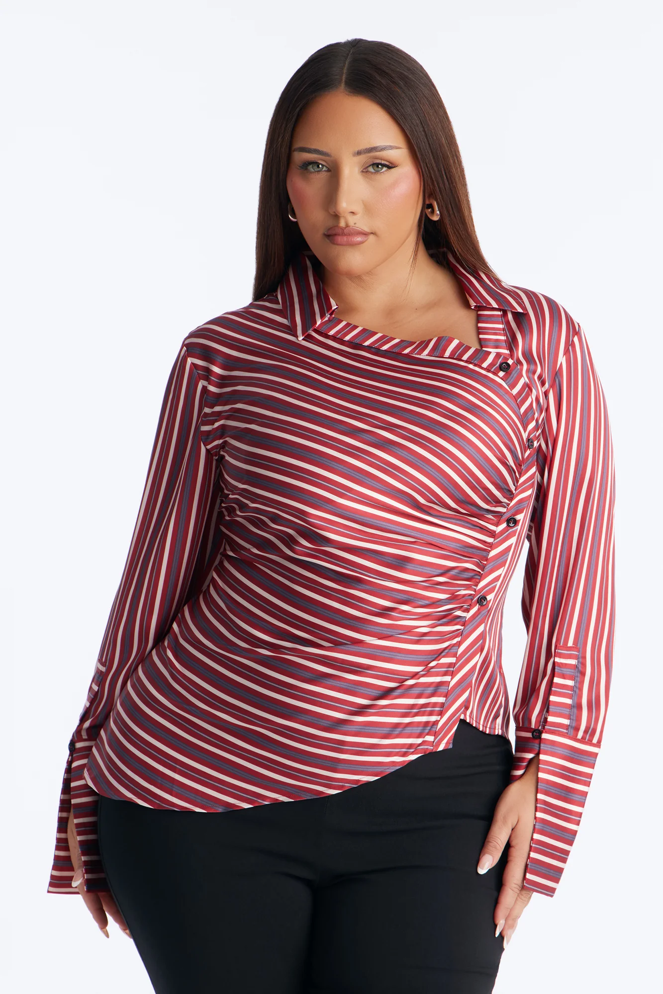 Office Cool Asymmetrical Striped Satin Shirt - Red/combo - Image 5