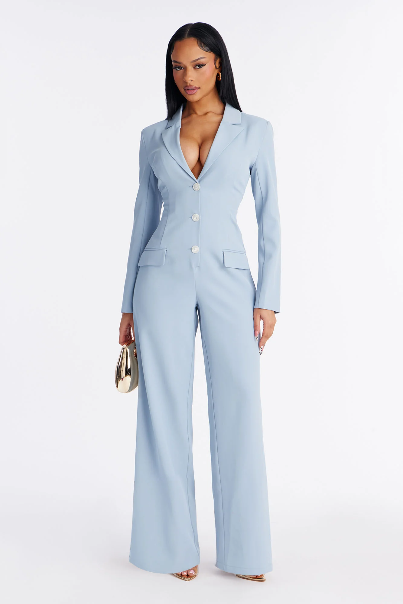 Office Hours Wide Leg Jumpsuit - Dusty Blue