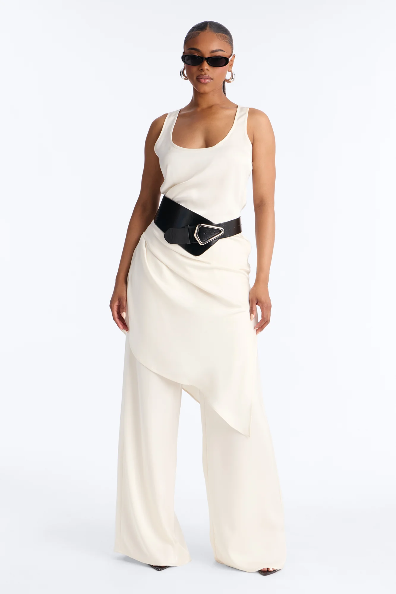 Oh So Chic Belted 3 Piece Satin Pant Set - Cream