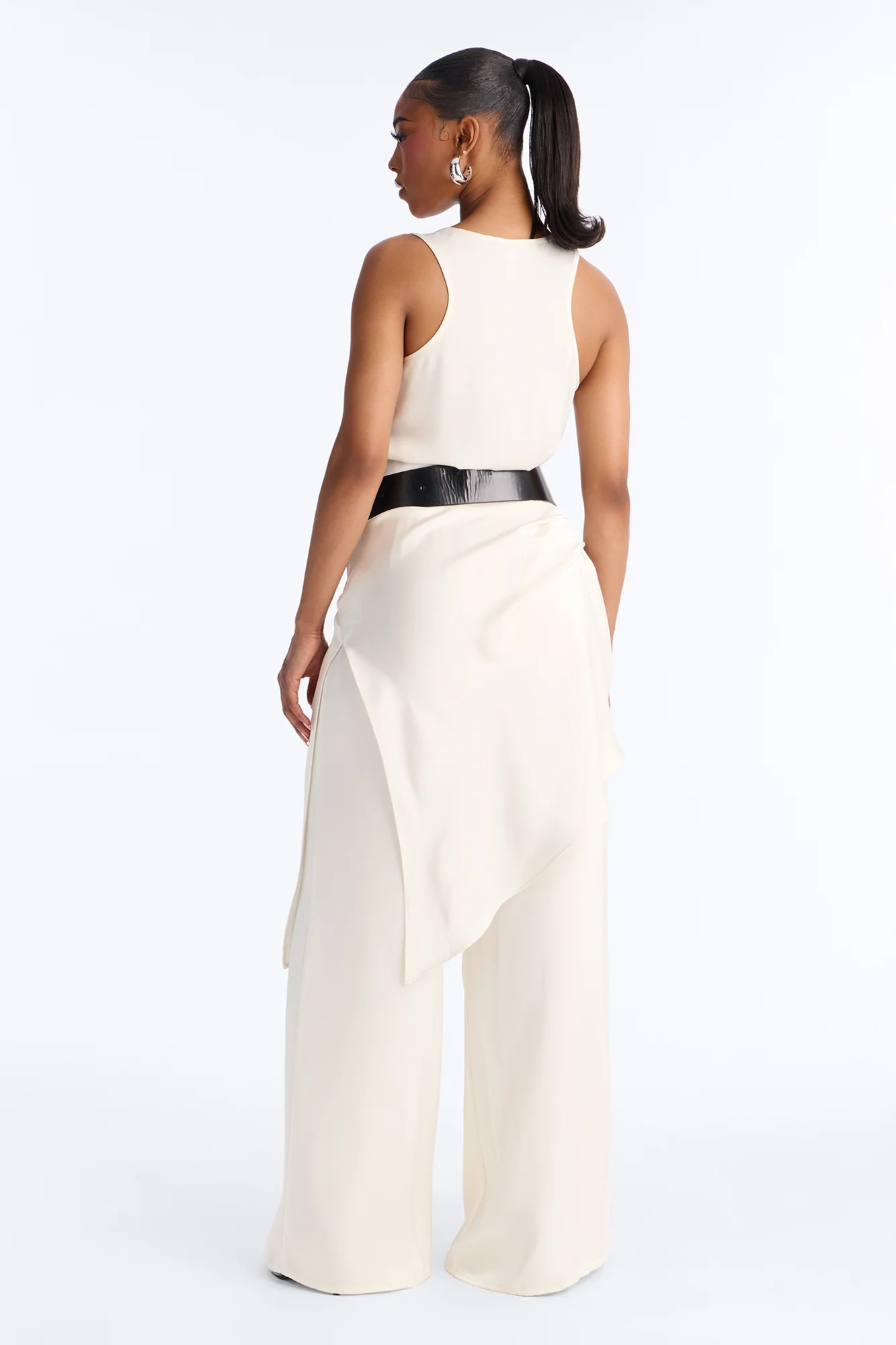 Oh So Chic Belted 3 Piece Satin Pant Set - Cream - Image 4