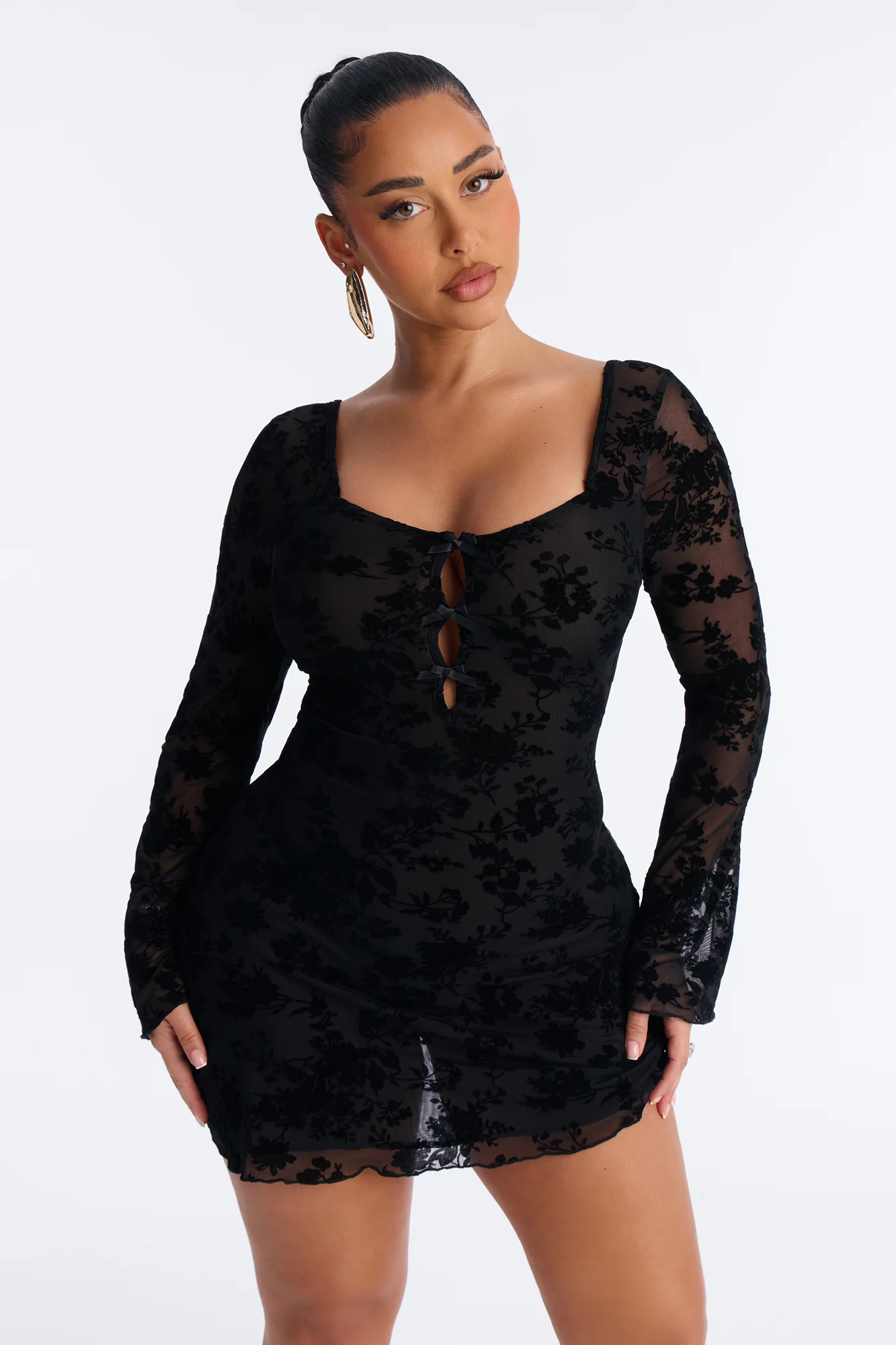 Olandria Long Sleeve Flocked Mesh Mini Dress - Black
