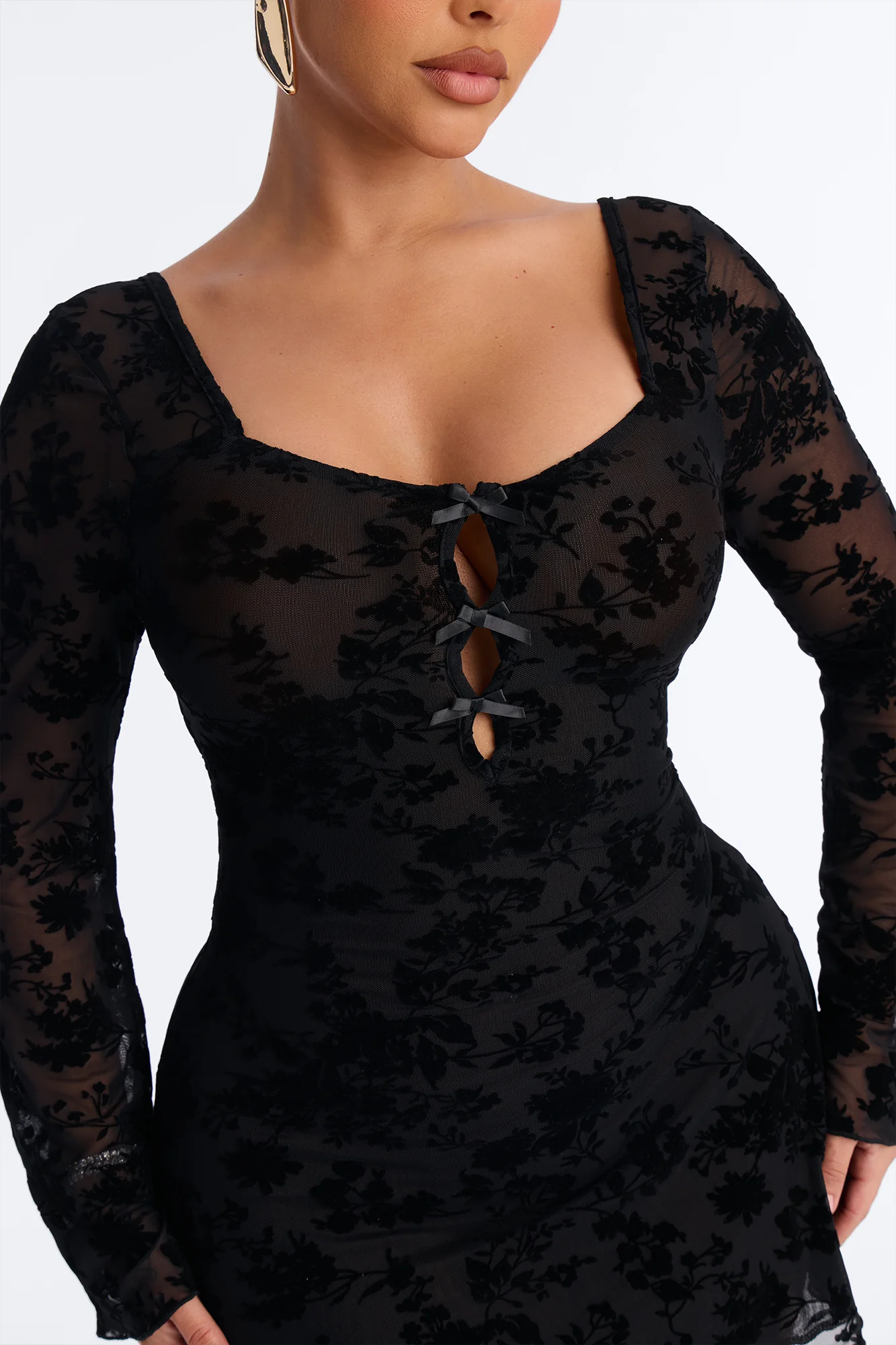 Olandria Long Sleeve Flocked Mesh Mini Dress - Black - Image 3