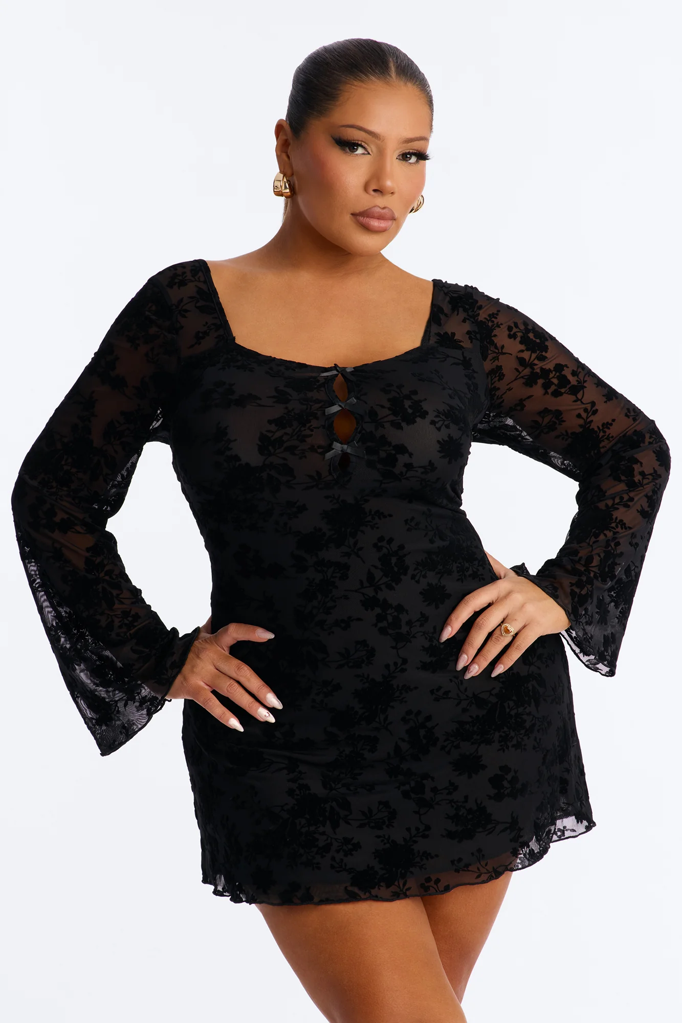 Olandria Long Sleeve Flocked Mesh Mini Dress - Black - Image 5