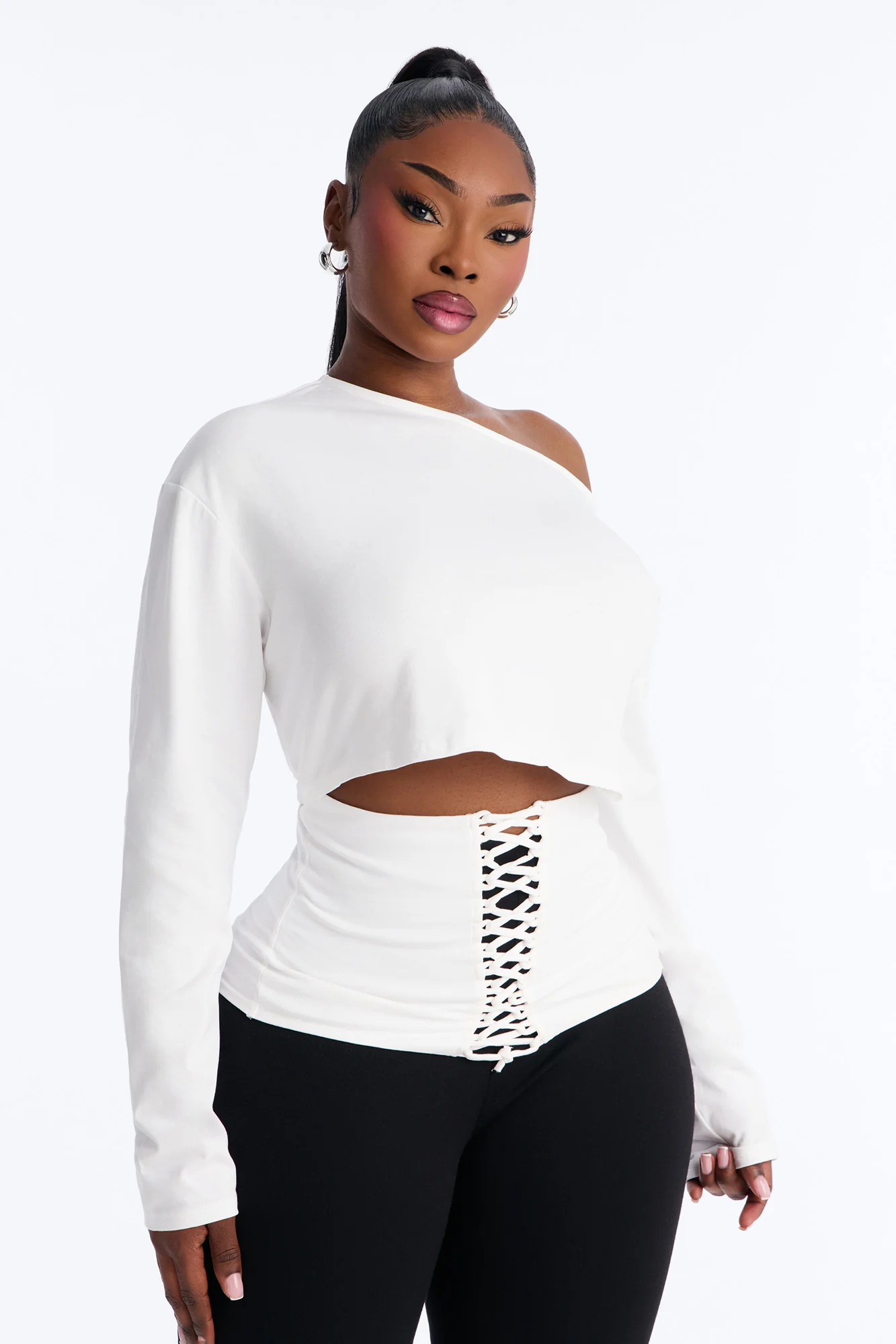 Olandria Off Shoulder Lace Up Long Sleeve Top - White - Image 5