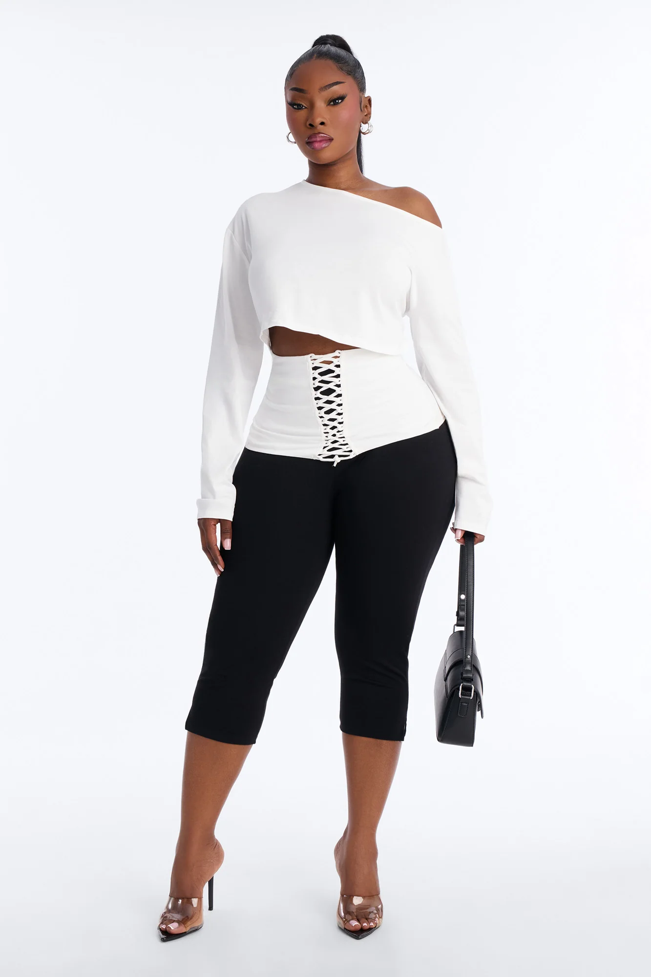 Olandria Off Shoulder Lace Up Long Sleeve Top - White - Image 6