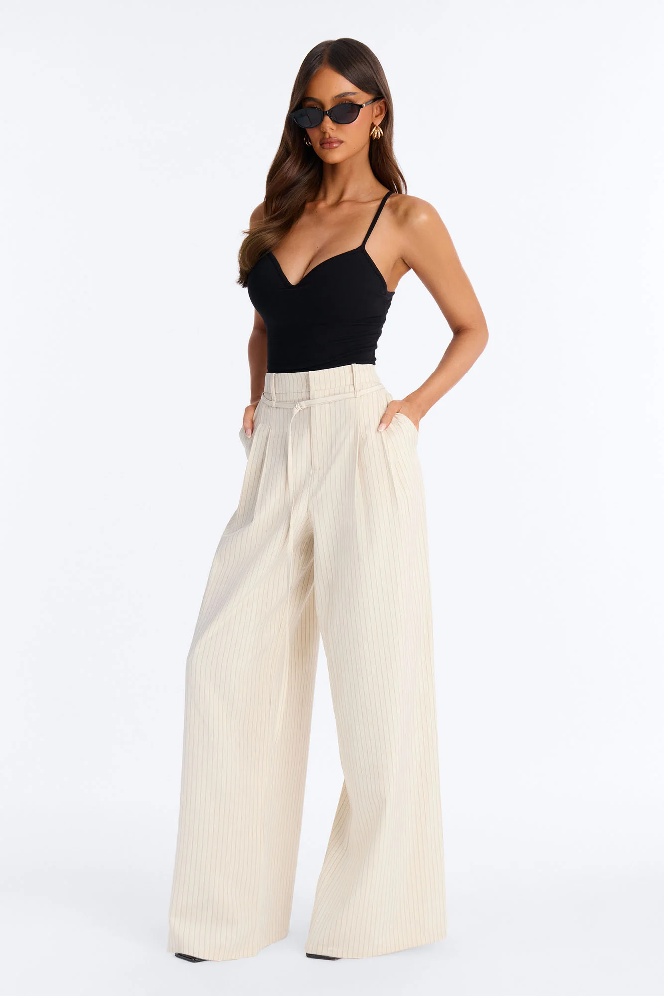 Old Money Feel Pinstripe Belted Trouser Pant 33″ - Beige