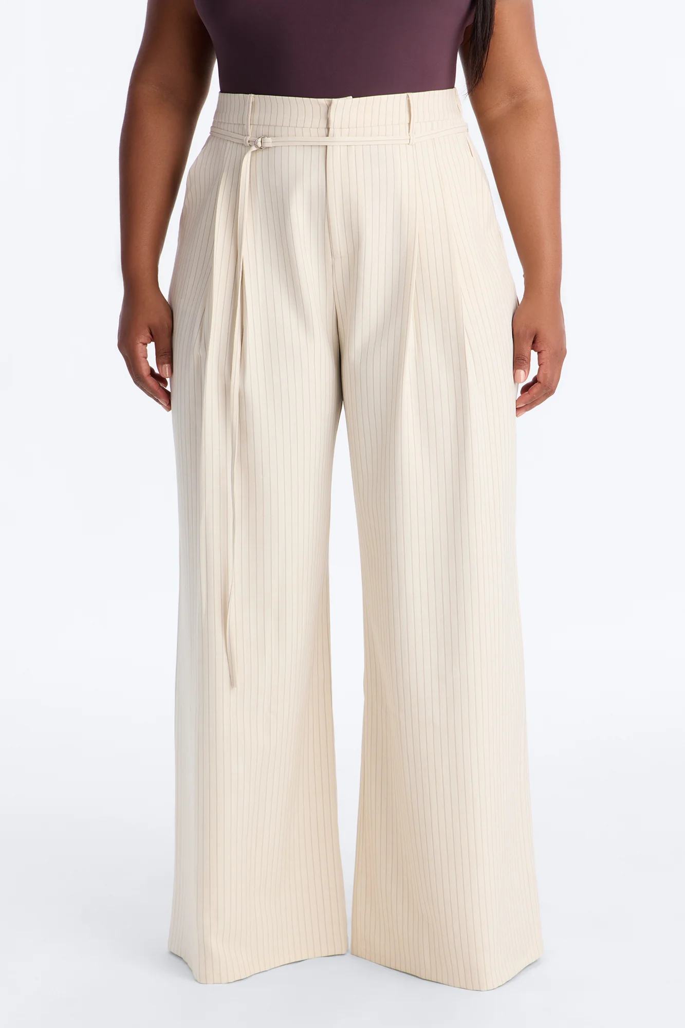 Old Money Feel Pinstripe Belted Trouser Pant 33″ - Beige - Image 6