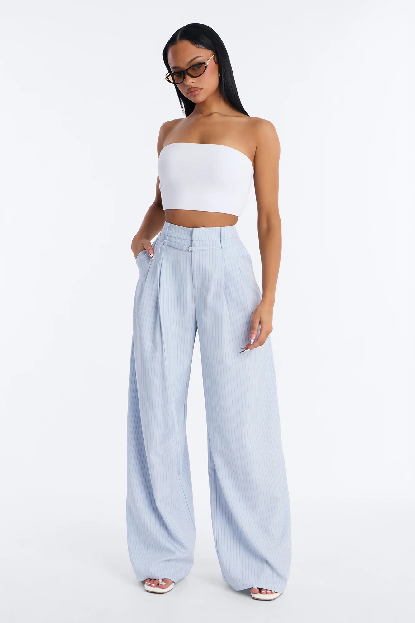 Old Money Feel Pinstripe Belted Trouser Pant 33″ - Blue