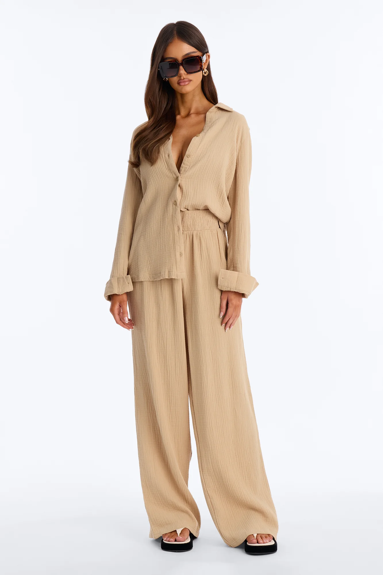 Olivia Gauze Wide Leg Pant Set - Taupe