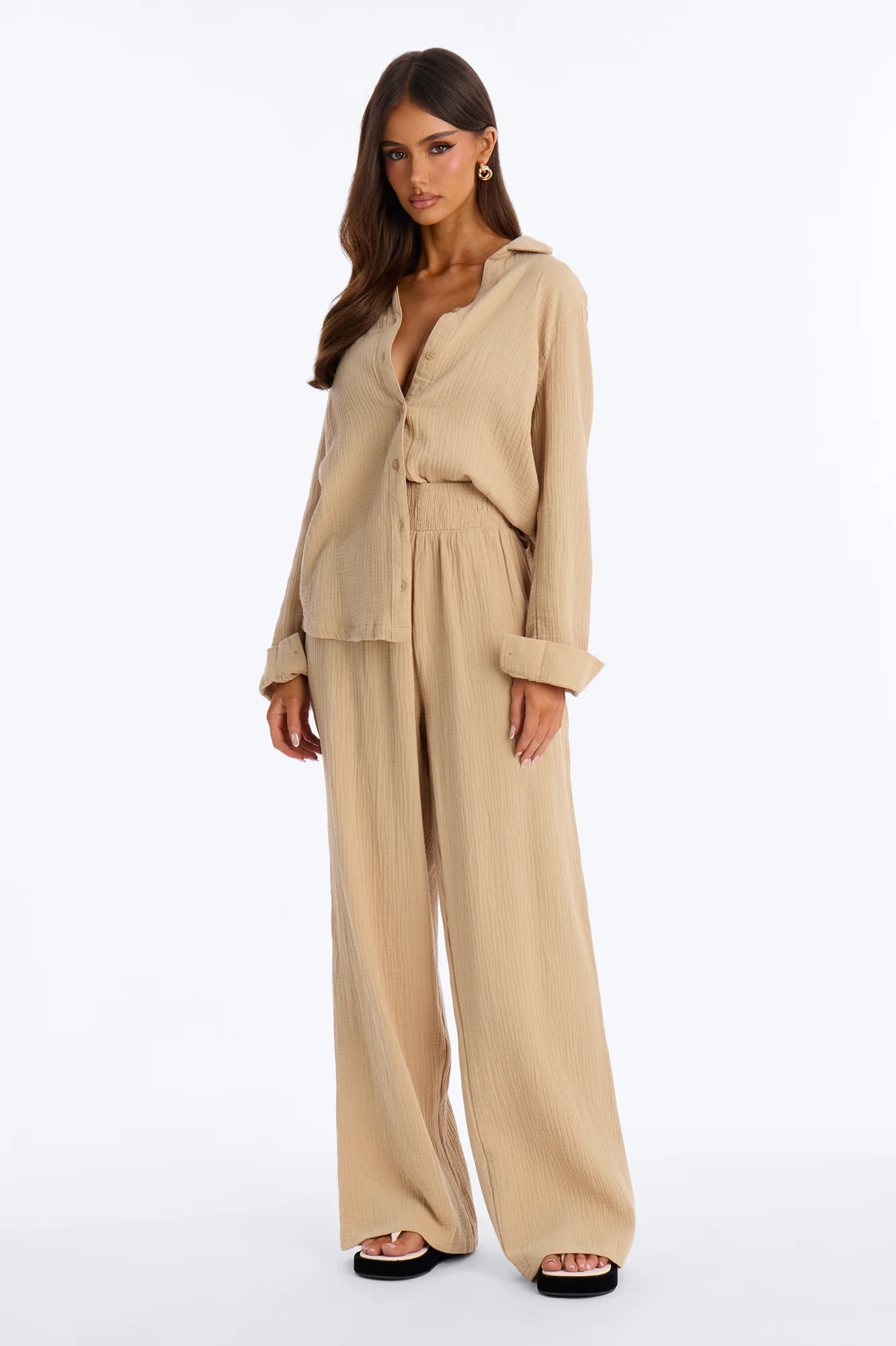Olivia Gauze Wide Leg Pant Set - Taupe - Image 4
