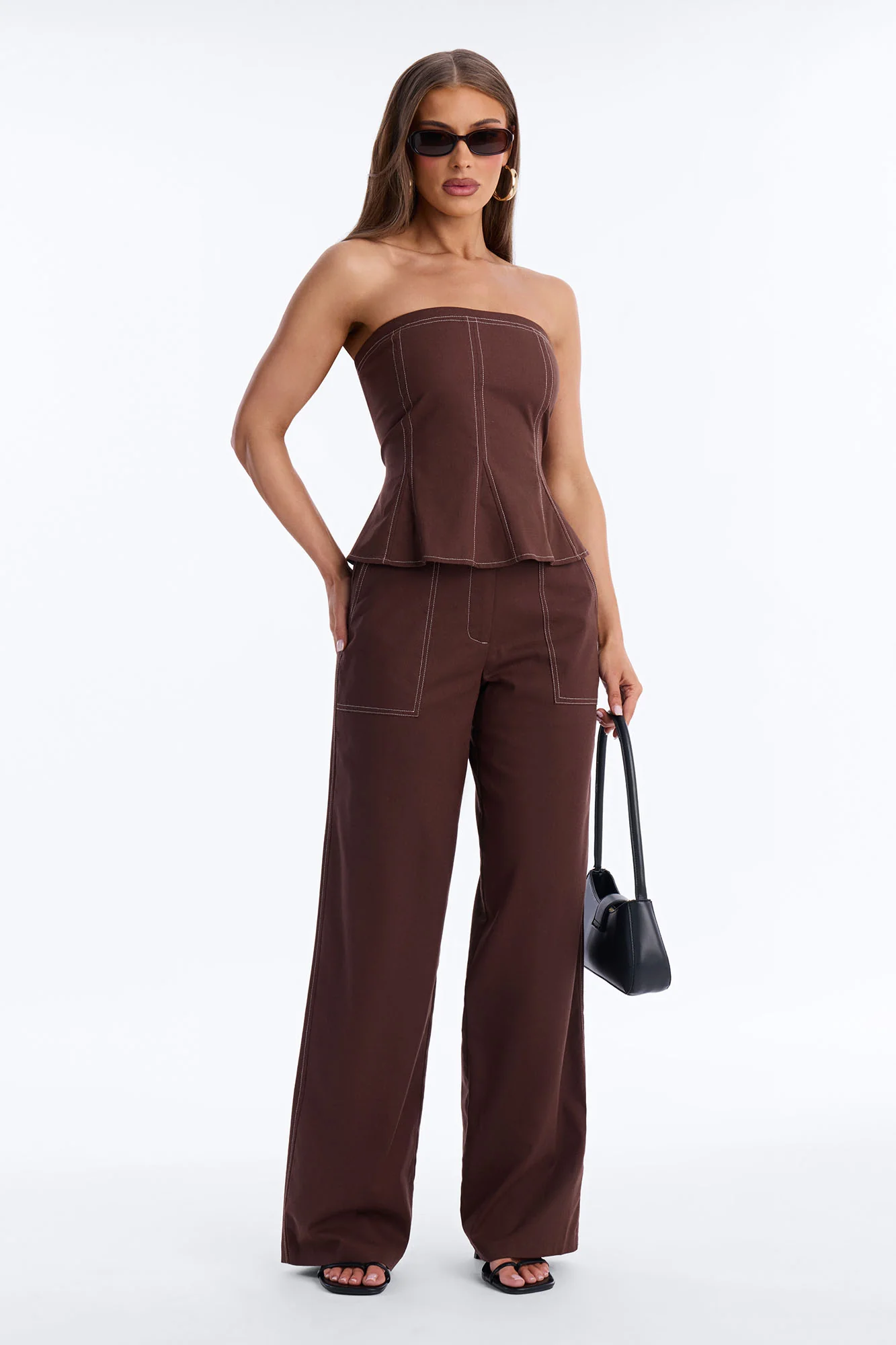 Olivia Linen Strapless Pant Set - Brown