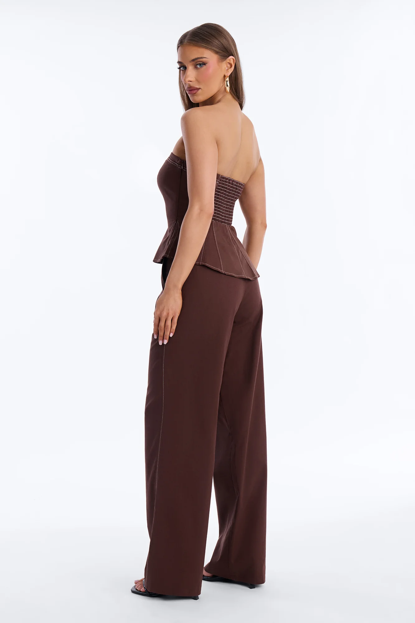 Olivia Linen Strapless Pant Set - Brown - Image 3