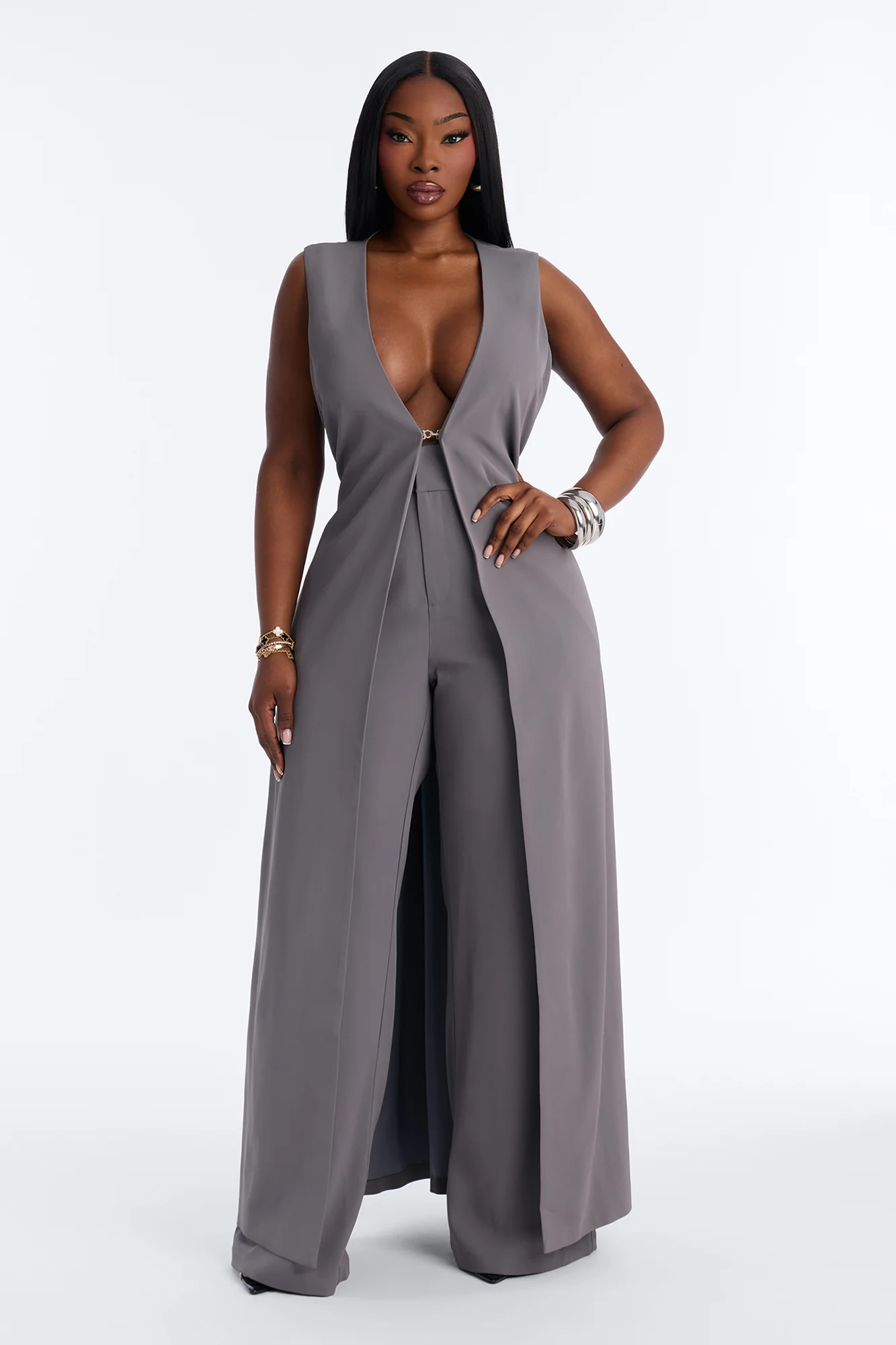 Olivia Long Vest Pant Set - Grey - Image 5