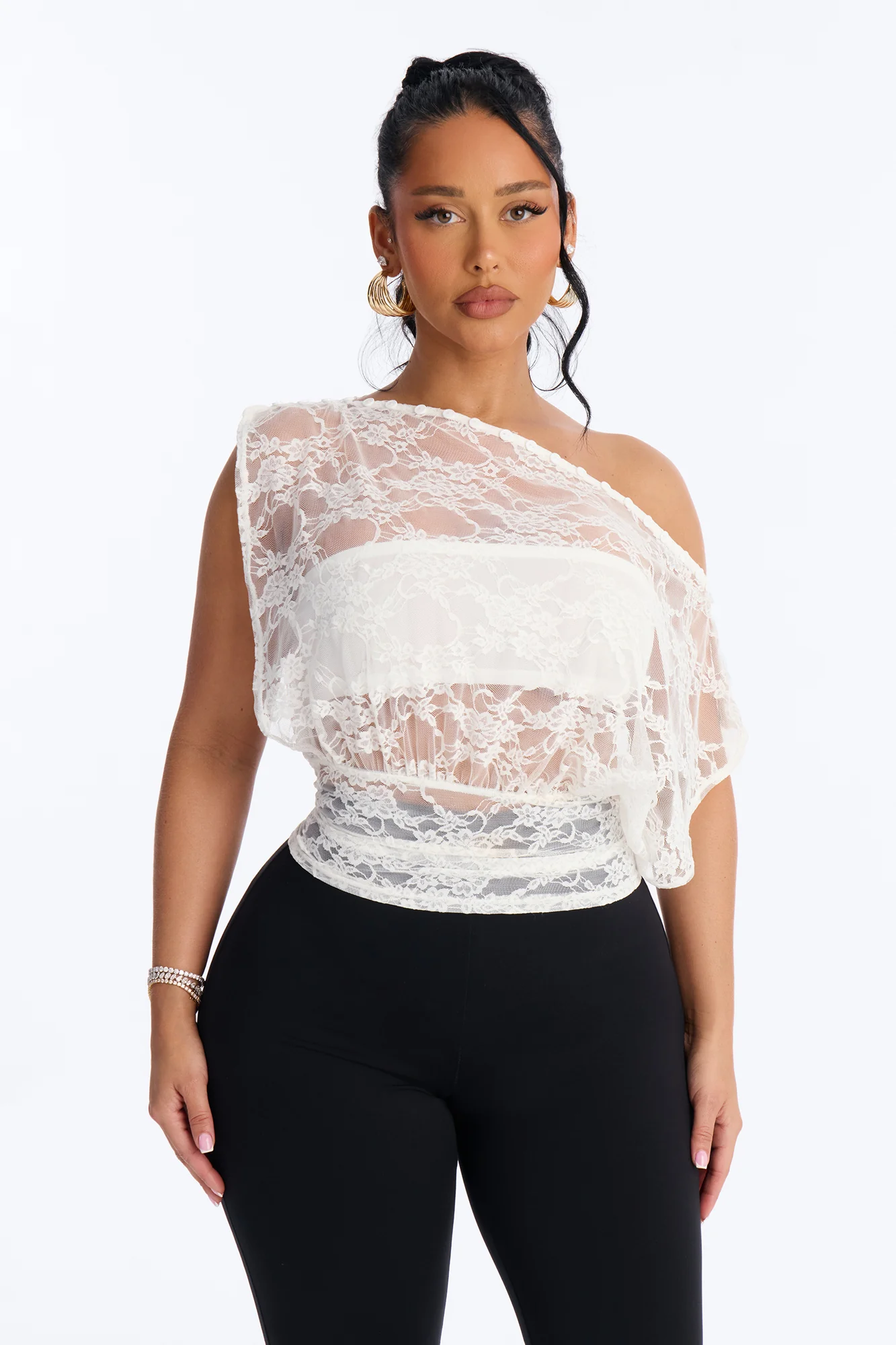 Olivia Off Shoulder Sheer Lace Top - White - Image 2