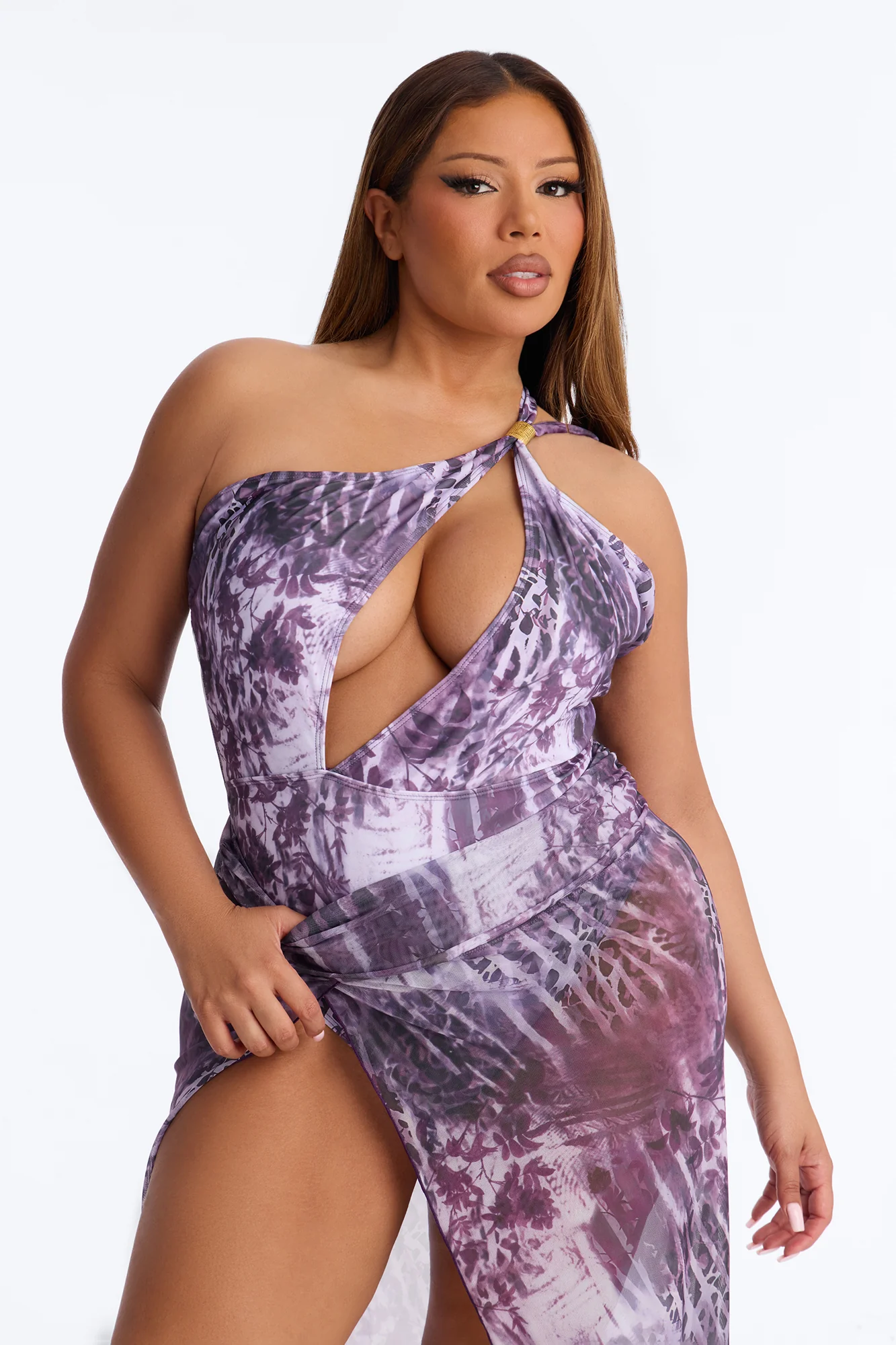 Olivia One Shoulder Hardware Asymmetrical 3 Piece Bikini & Cover Up Sunsuit - Purple - Image 10