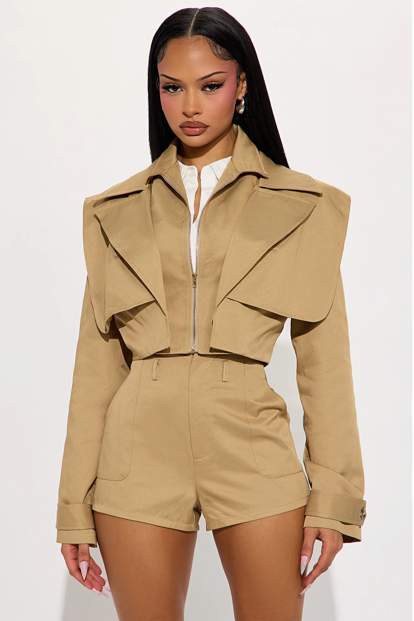 On A Ride Trench Jacket And Short Set - Khaki