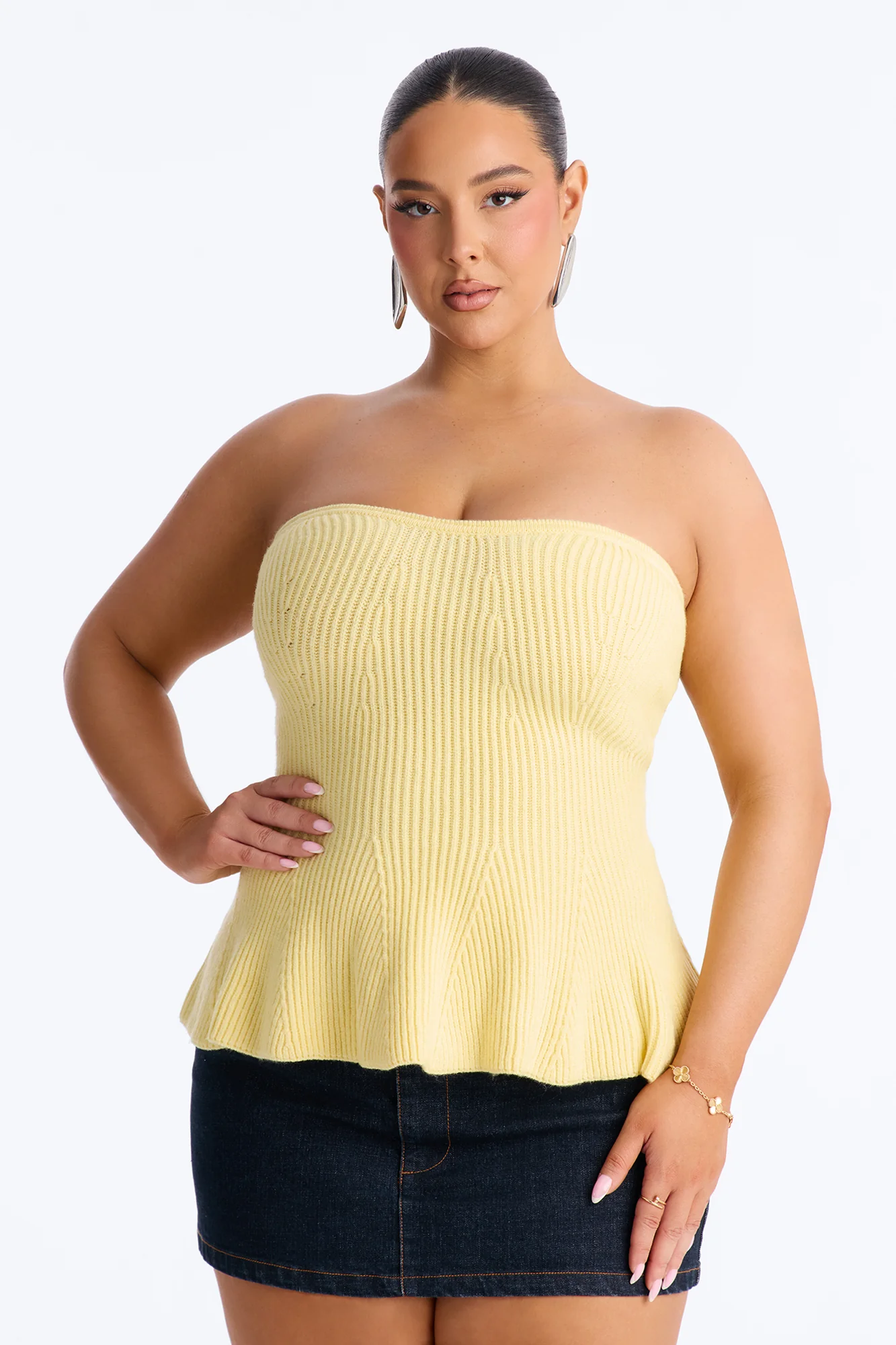 On Full Display Peplum Sweater Tube Top - Butter Yellow - Image 5