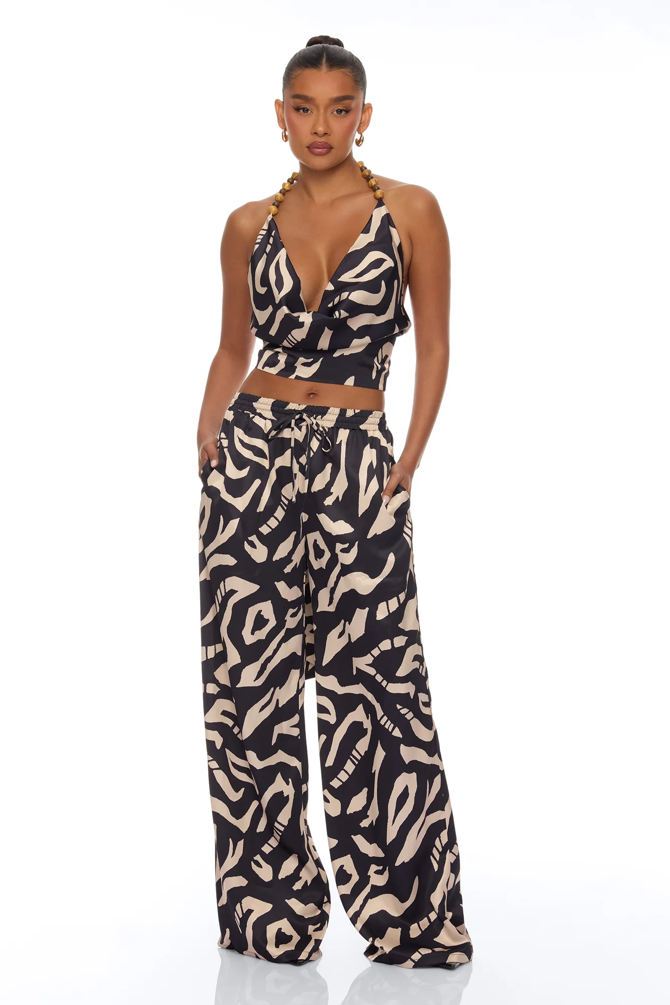 On The Coast Satin Pant Set - Black/combo