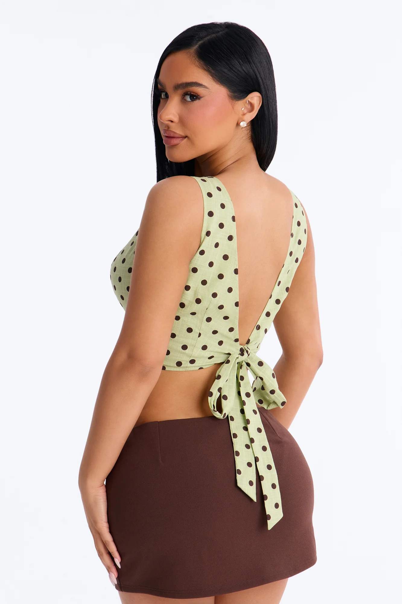 On The Cute Side Polka Dot Cropped Linen Top - Sage/combo