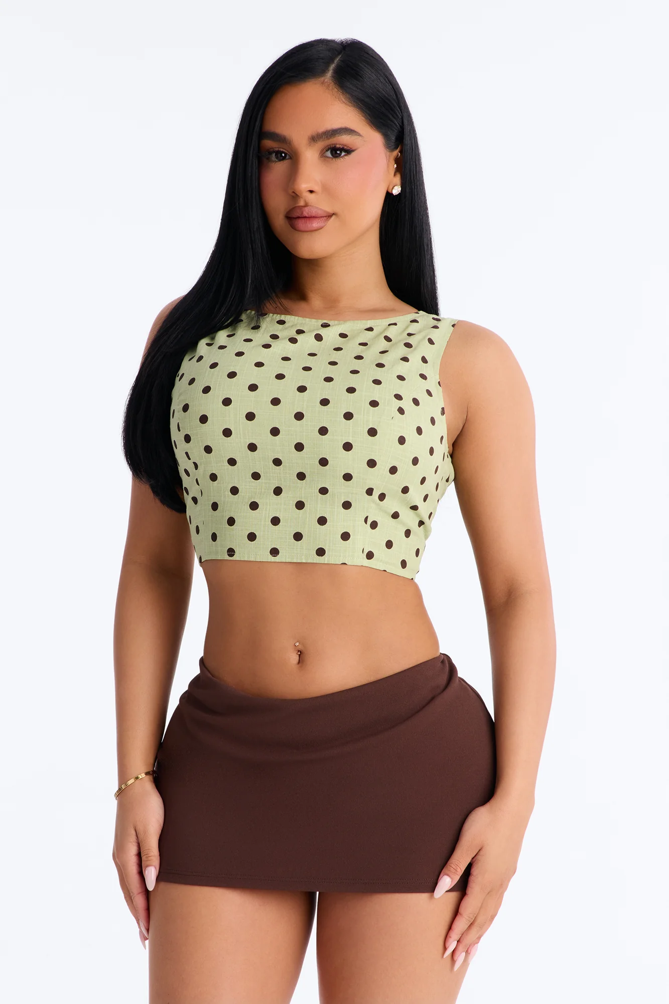 On The Cute Side Polka Dot Cropped Linen Top - Sage/combo - Image 2