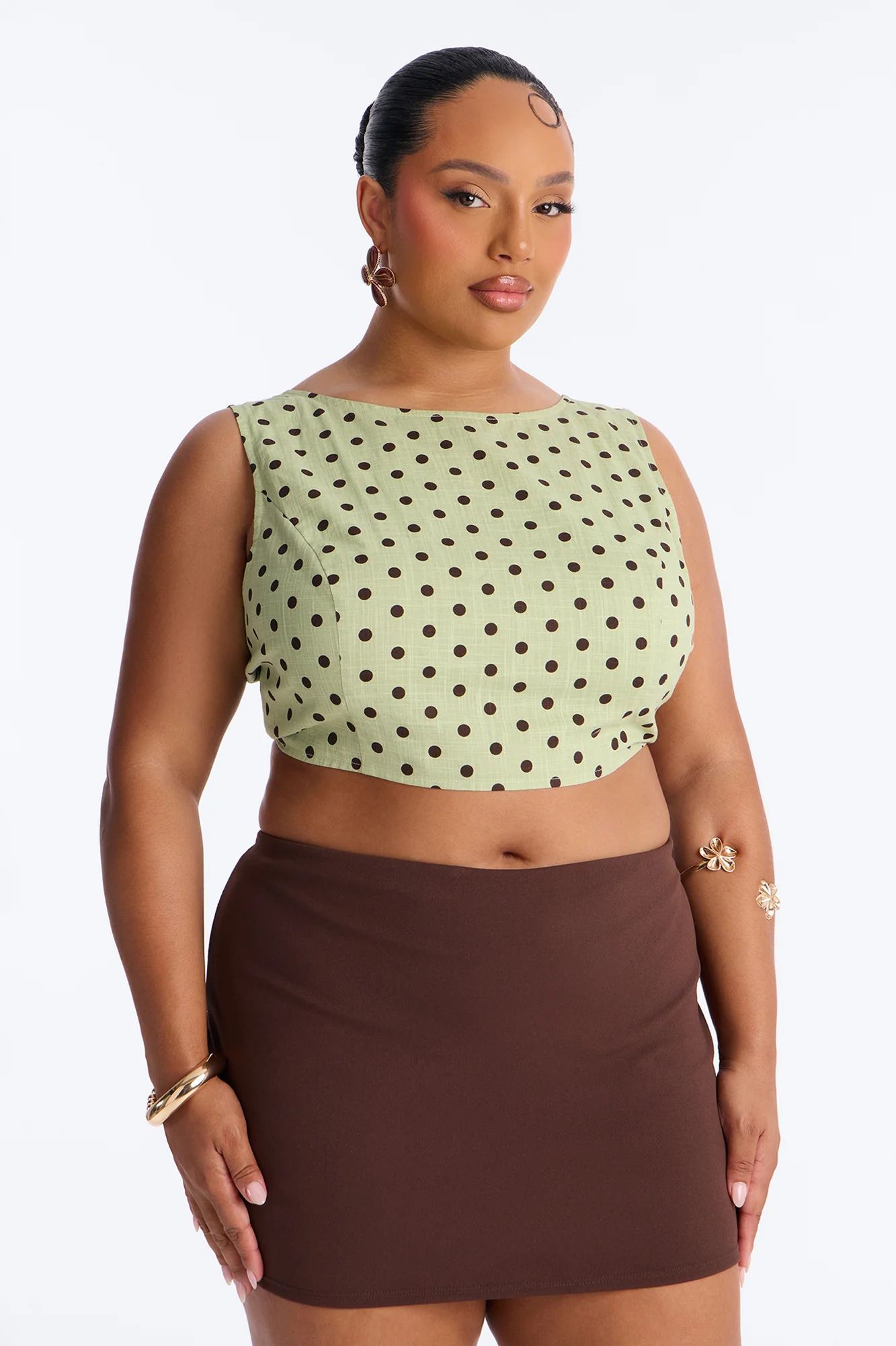 On The Cute Side Polka Dot Cropped Linen Top - Sage/combo - Image 6
