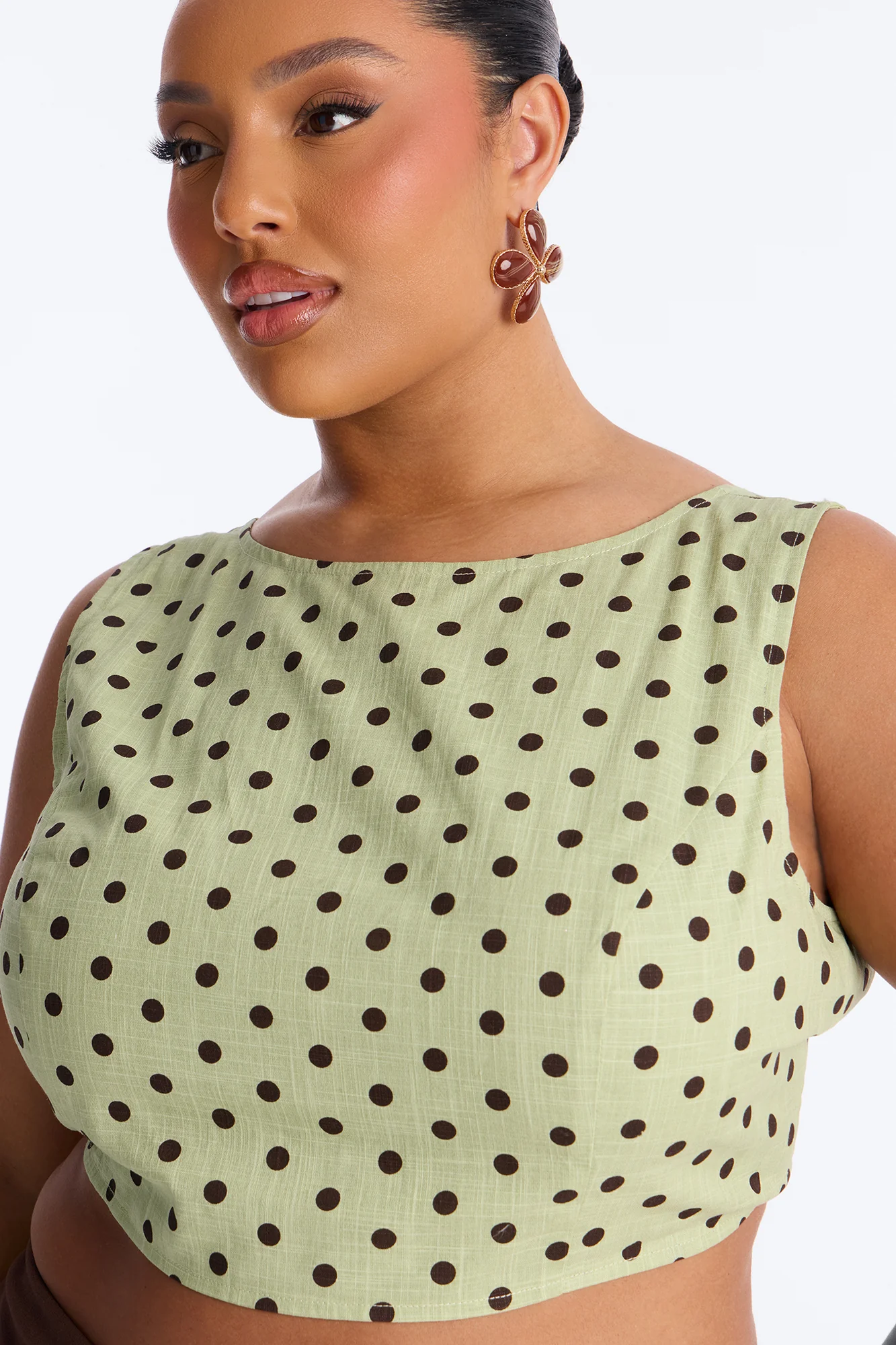 On The Cute Side Polka Dot Cropped Linen Top - Sage/combo - Image 7
