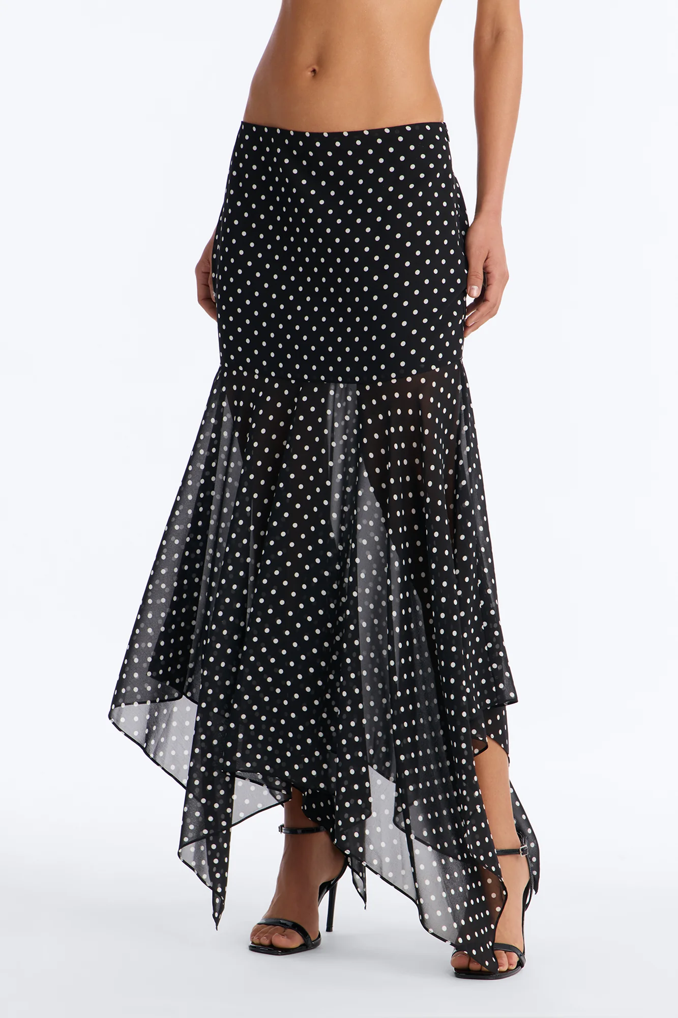 On The Dot Asymmetrical Chiffon Polka Dot Maxi Skirt - Black/White - Image 2