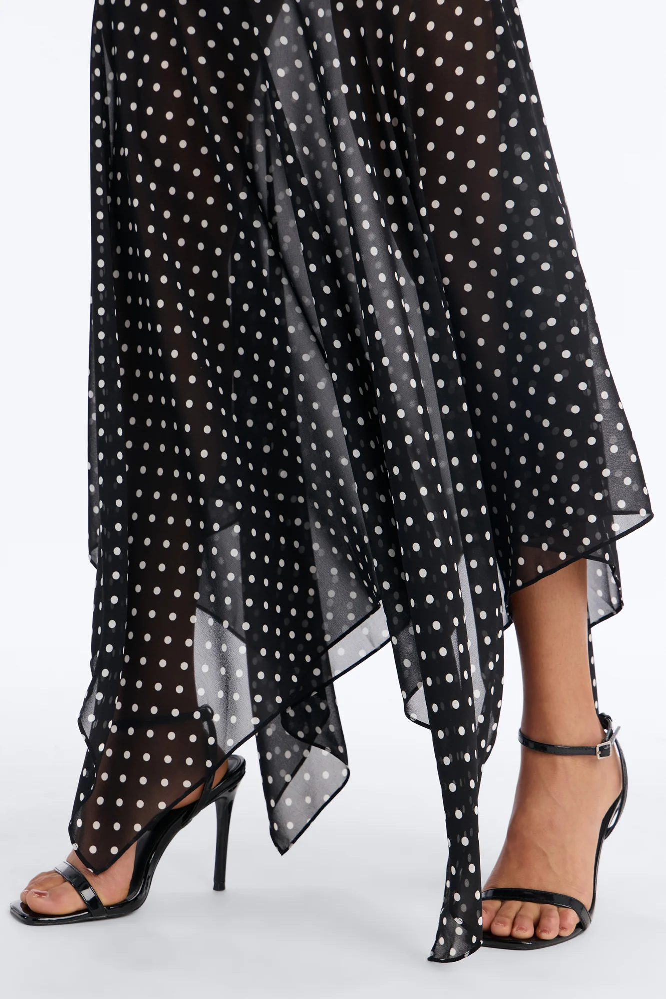 On The Dot Asymmetrical Chiffon Polka Dot Maxi Skirt - Black/White - Image 3