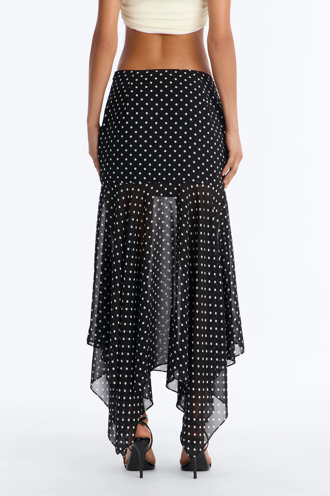 On The Dot Asymmetrical Chiffon Polka Dot Maxi Skirt - Black/White - Image 4