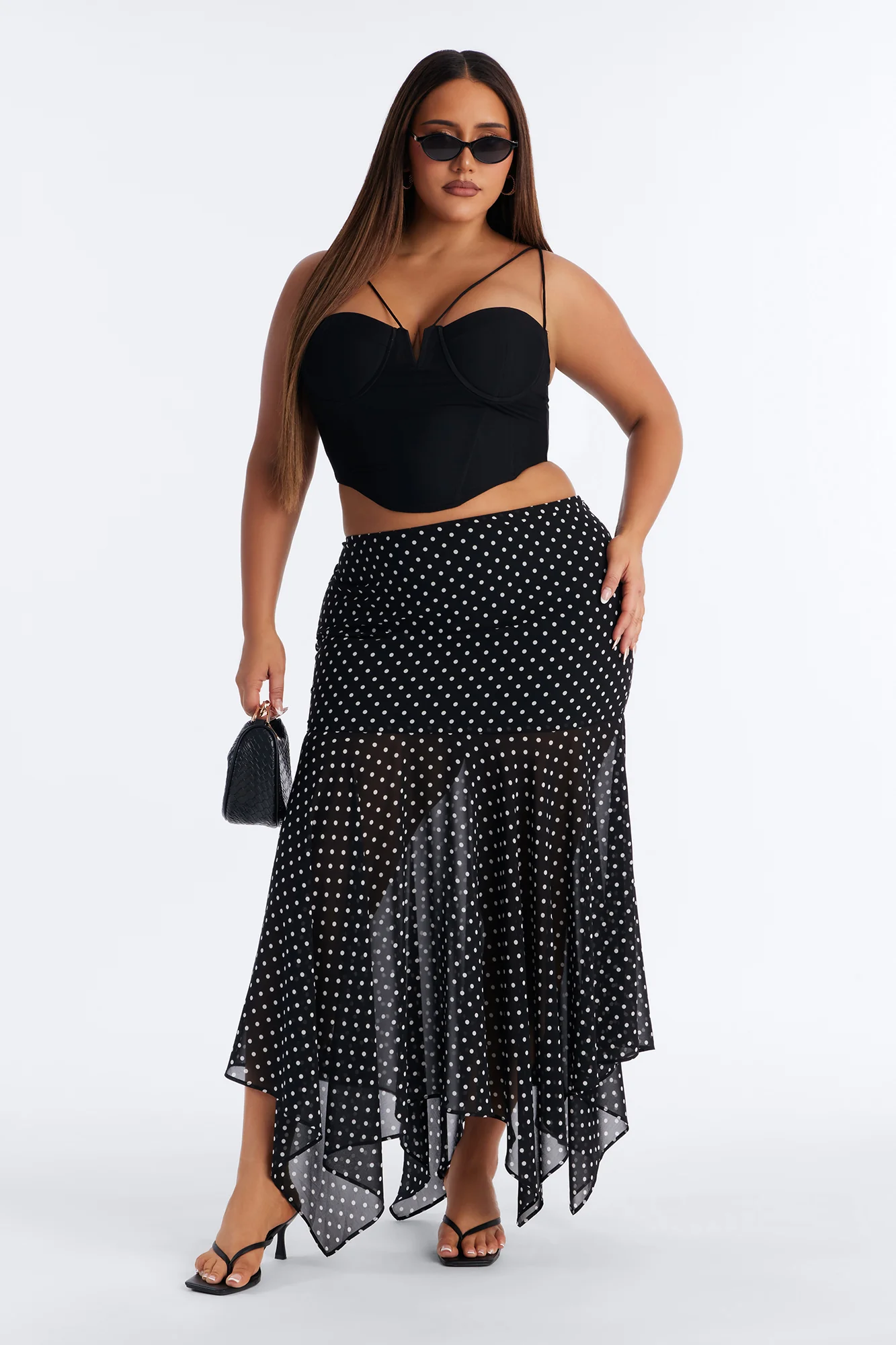 On The Dot Asymmetrical Chiffon Polka Dot Maxi Skirt - Black/White - Image 5