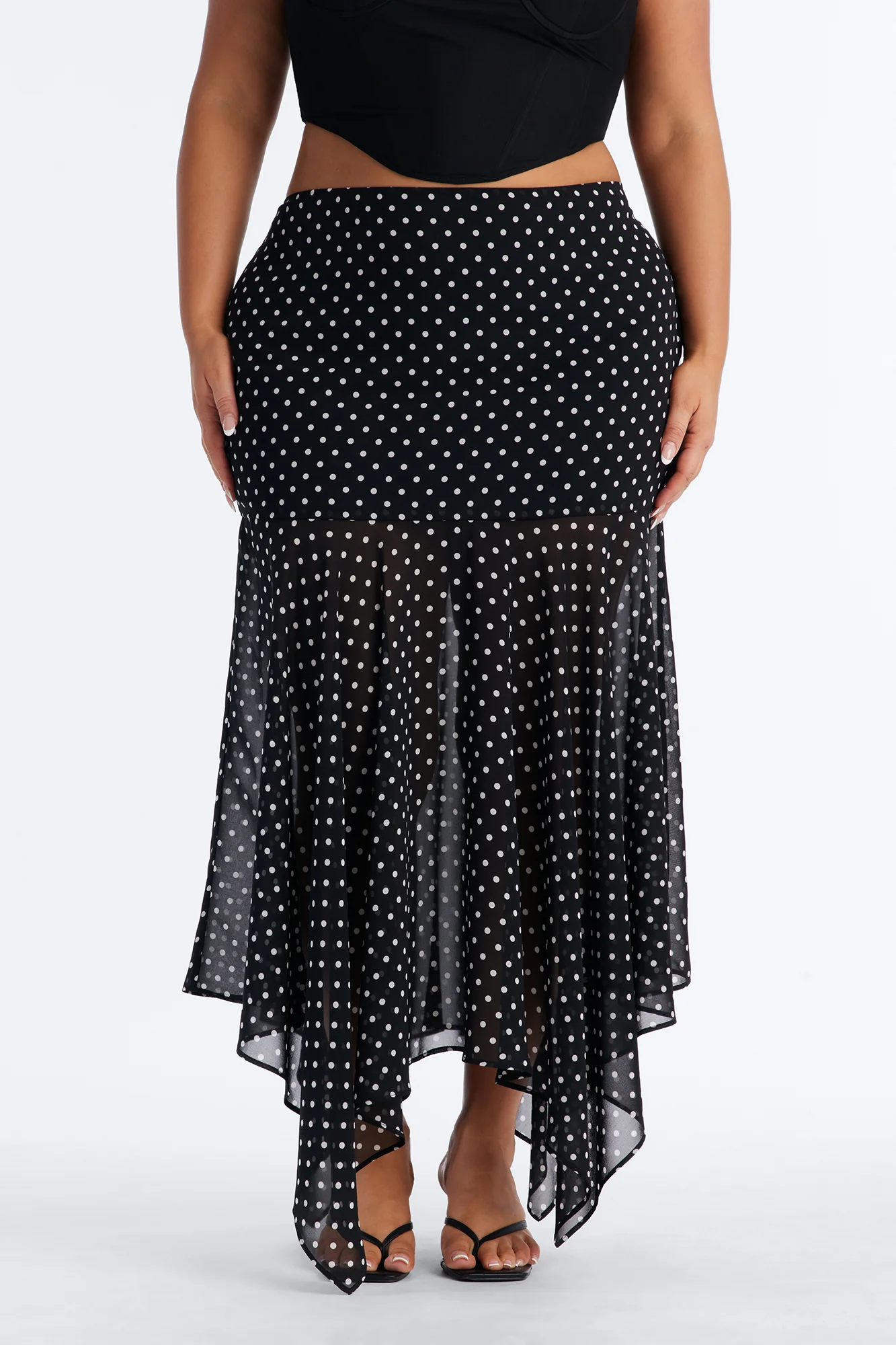 On The Dot Asymmetrical Chiffon Polka Dot Maxi Skirt - Black/White - Image 6