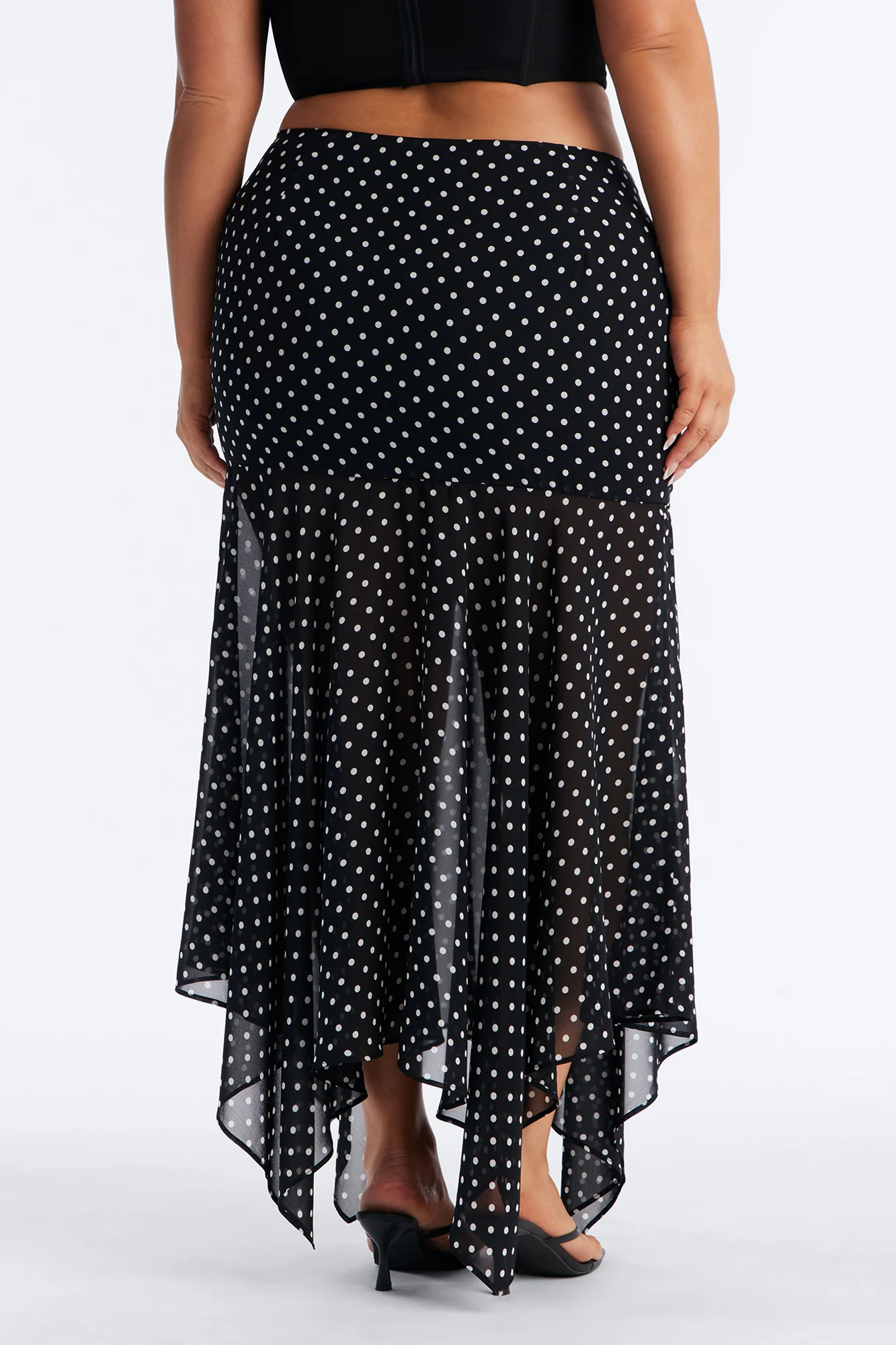 On The Dot Asymmetrical Chiffon Polka Dot Maxi Skirt - Black/White - Image 7