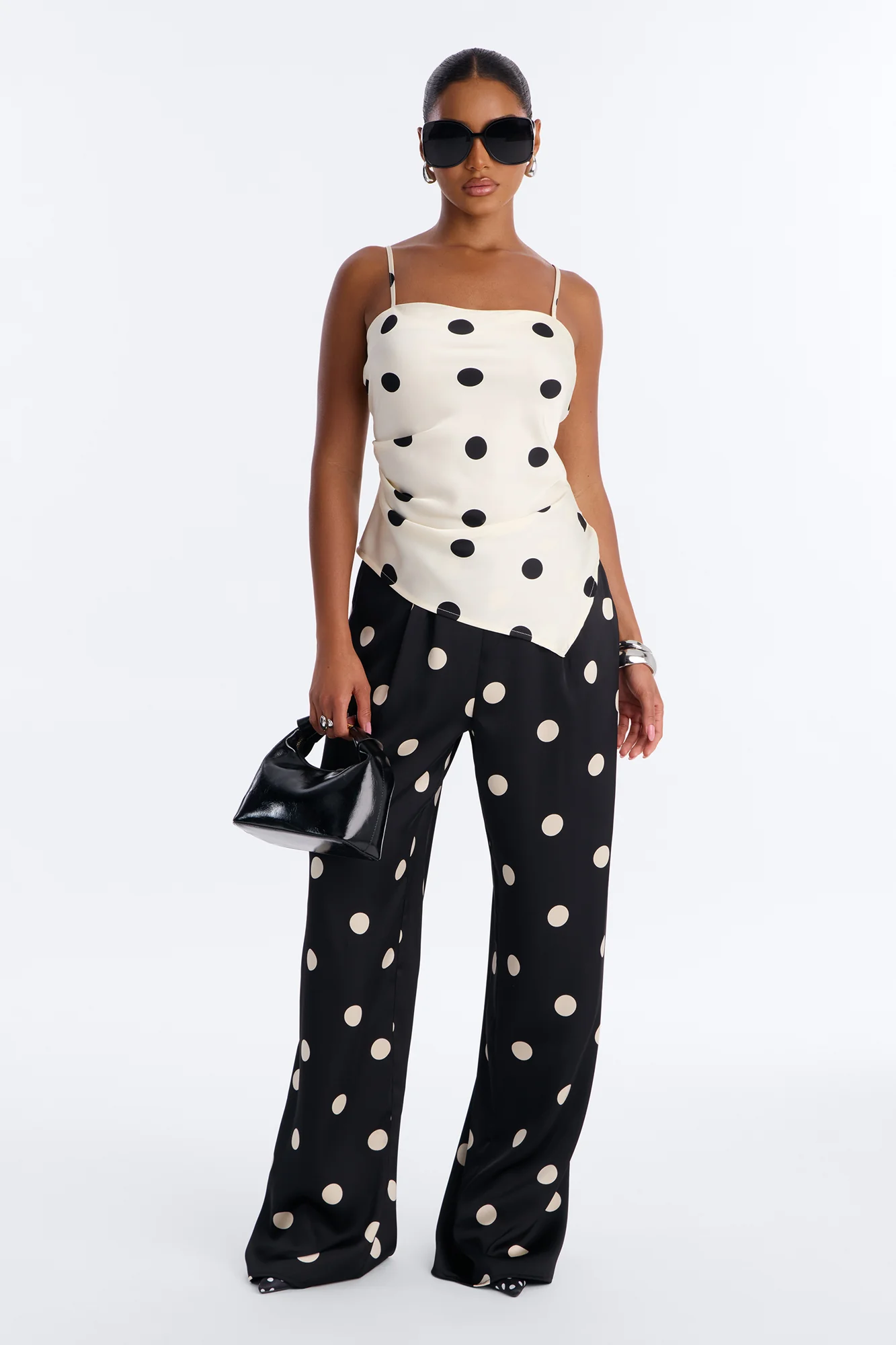 On The Dot Satin Pant Set - Black/White