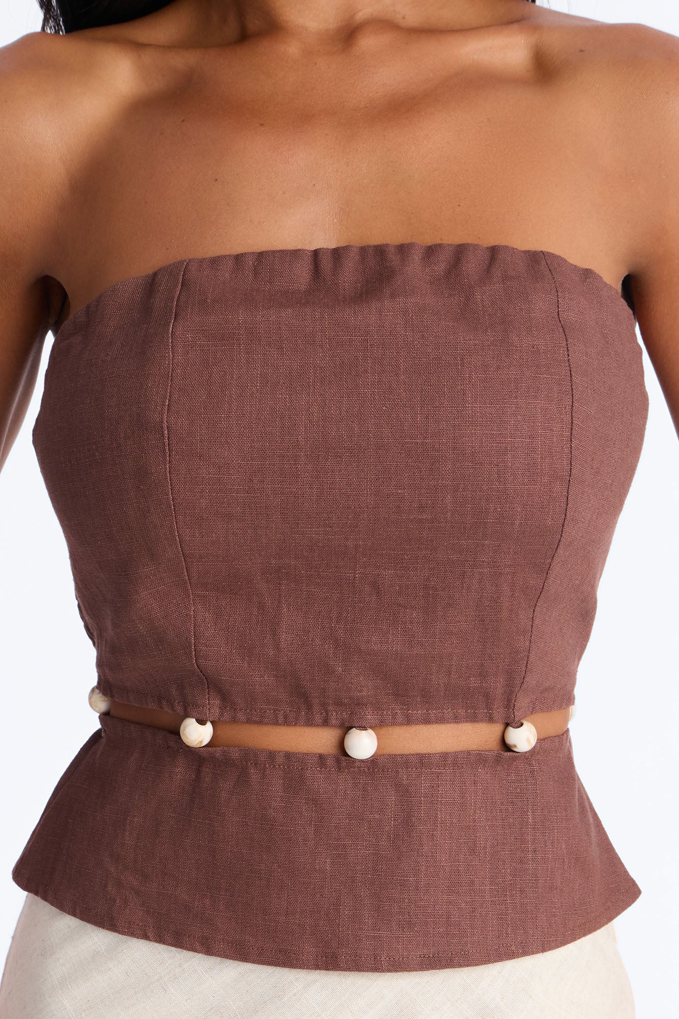 On The Guest List Beaded Linen Top - Brown - Image 3