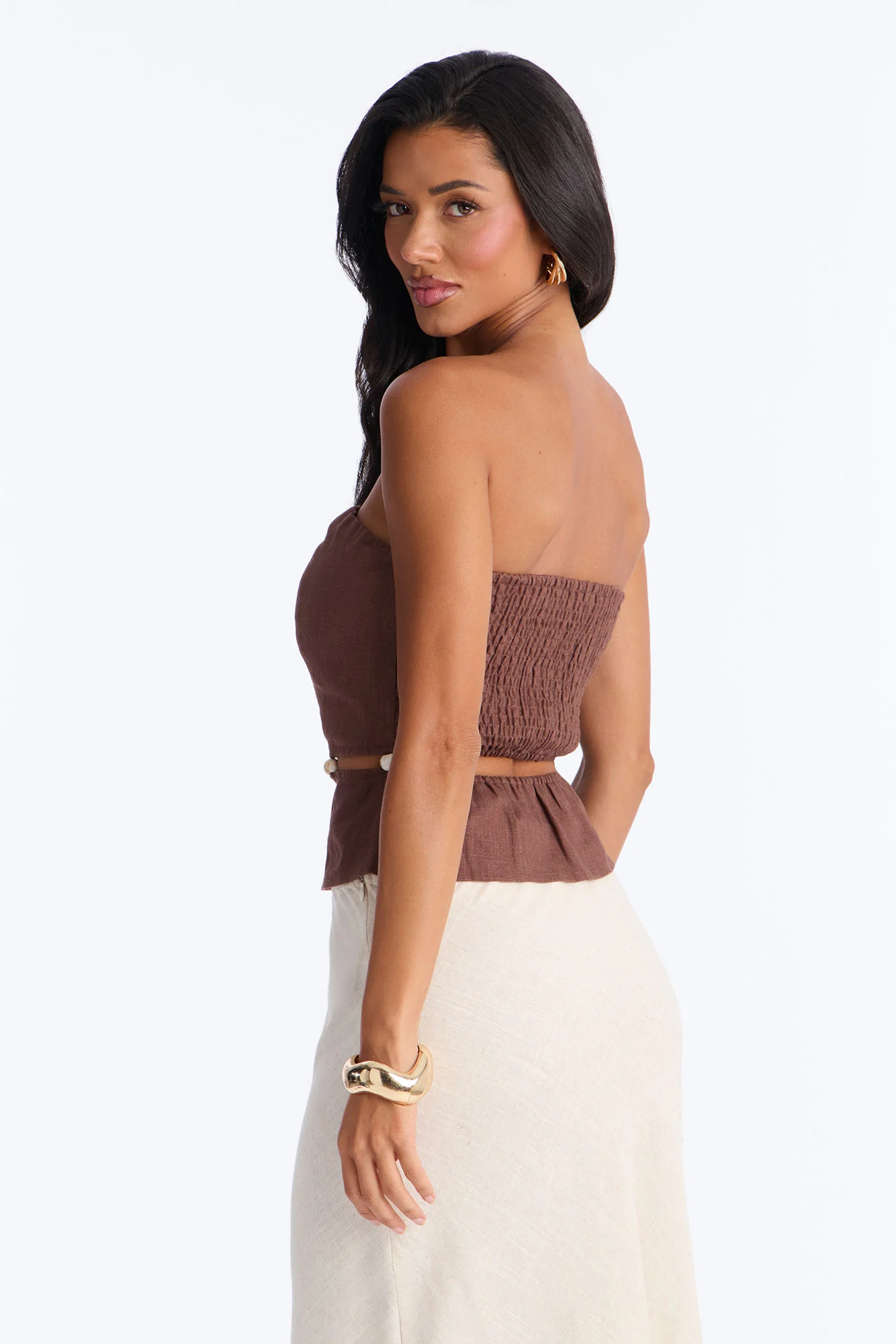 On The Guest List Beaded Linen Top - Brown - Image 4