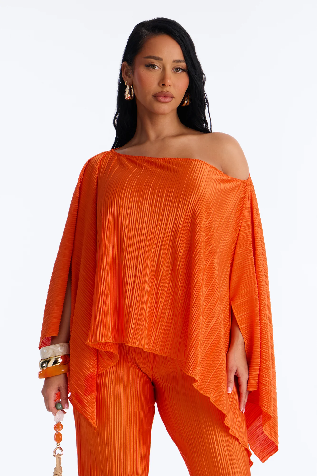On The Horizon Off Shoulder Plisse Pant Set - Orange - Image 2