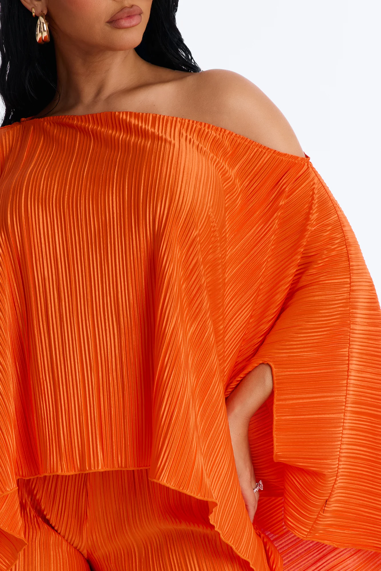 On The Horizon Off Shoulder Plisse Pant Set - Orange - Image 3