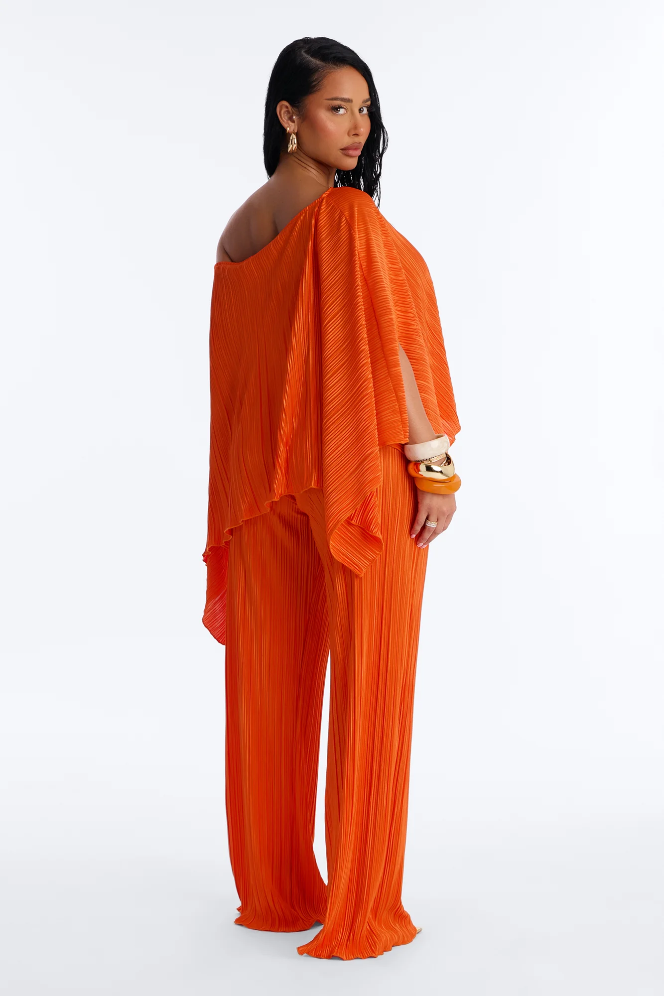 On The Horizon Off Shoulder Plisse Pant Set - Orange - Image 4