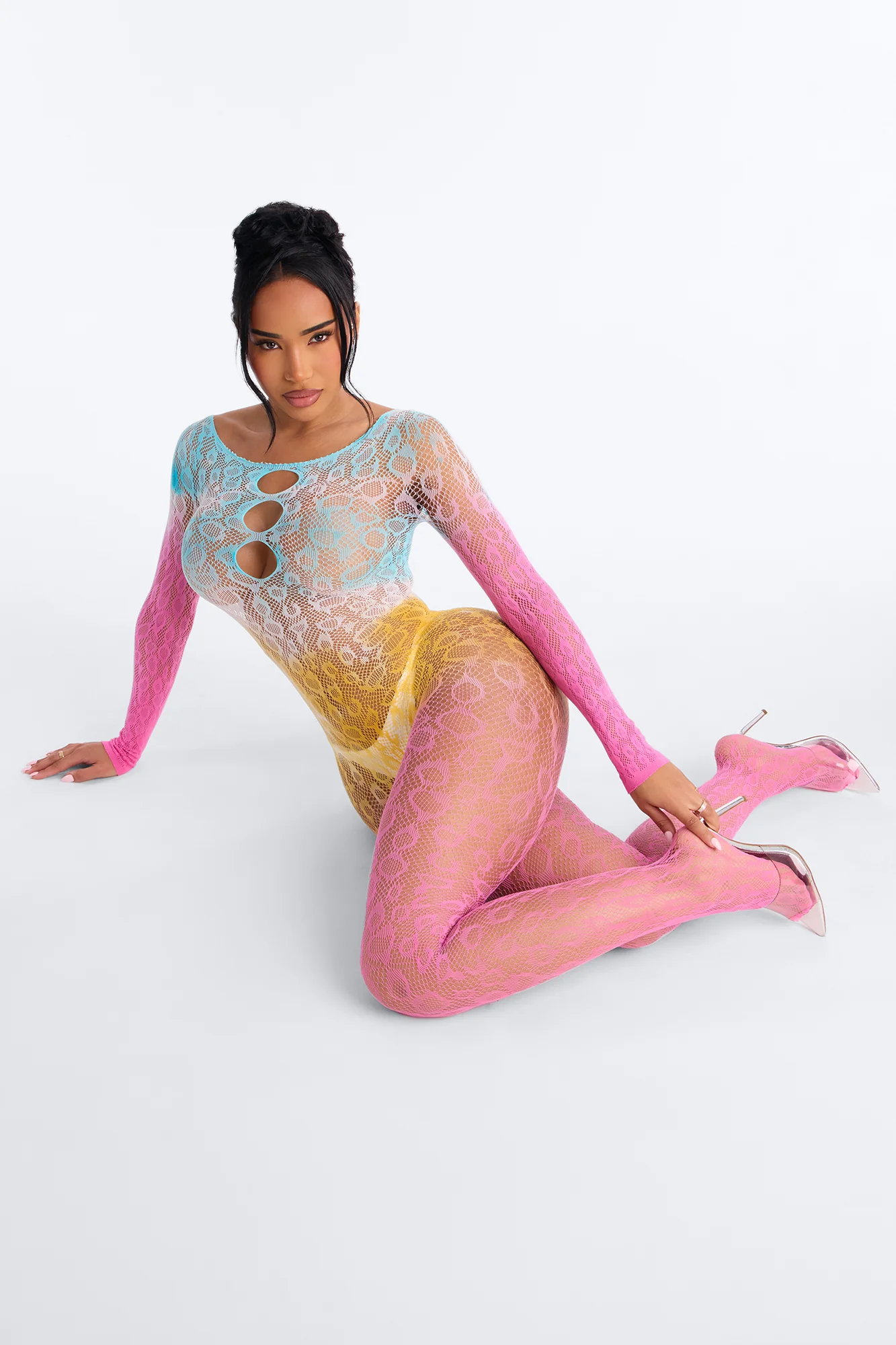 On Top Ombre Fishnet Jumpsuit Bodystocking - Pink/combo