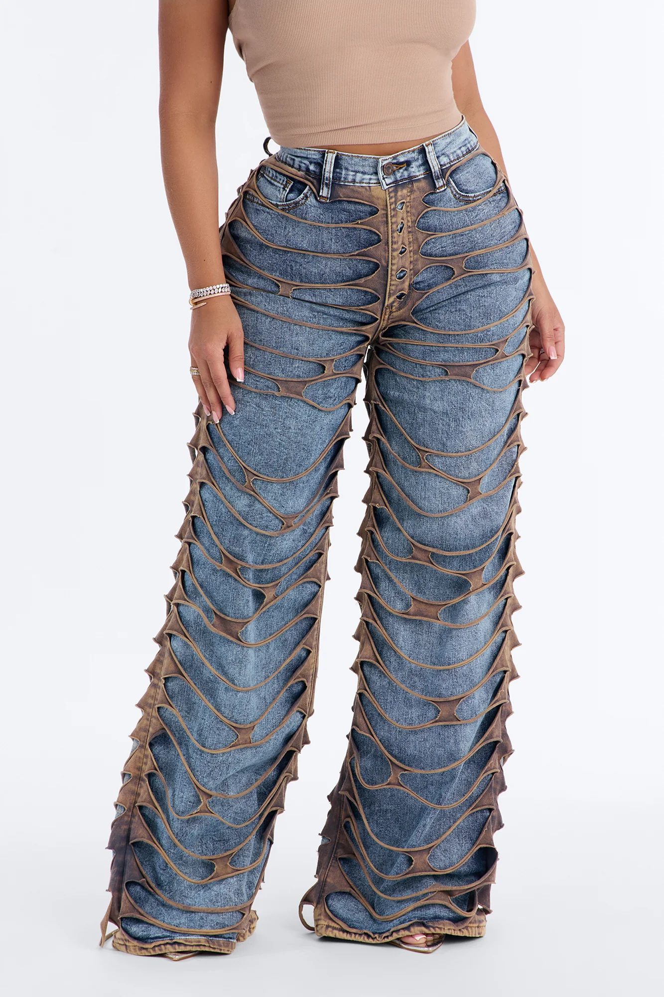 On Top Ripped Stretch Wide Leg Jeans - Medium Wash - Image 2