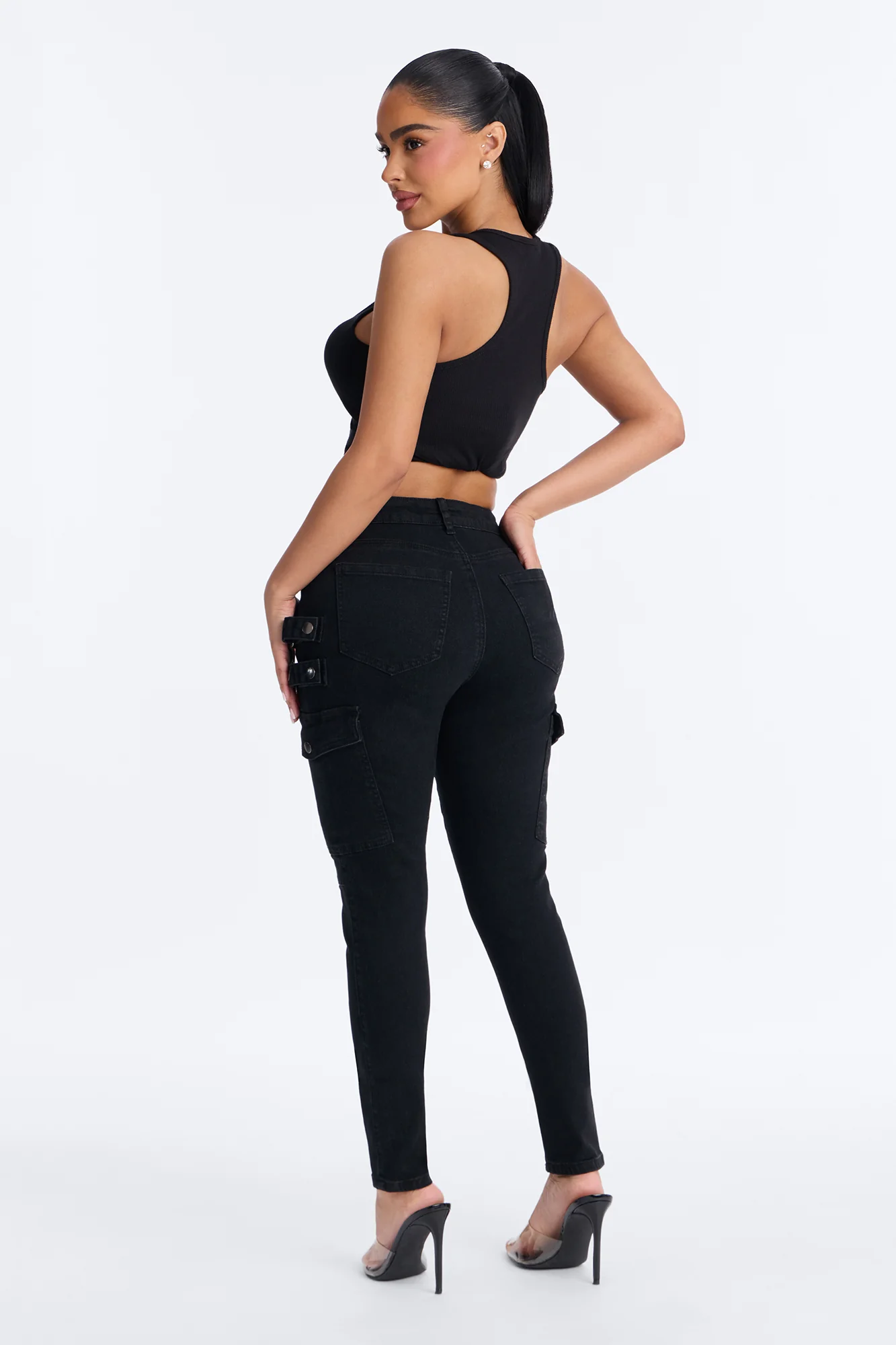 Oria High Rise Skinny Cargo Pant 32″ - Black - Image 3