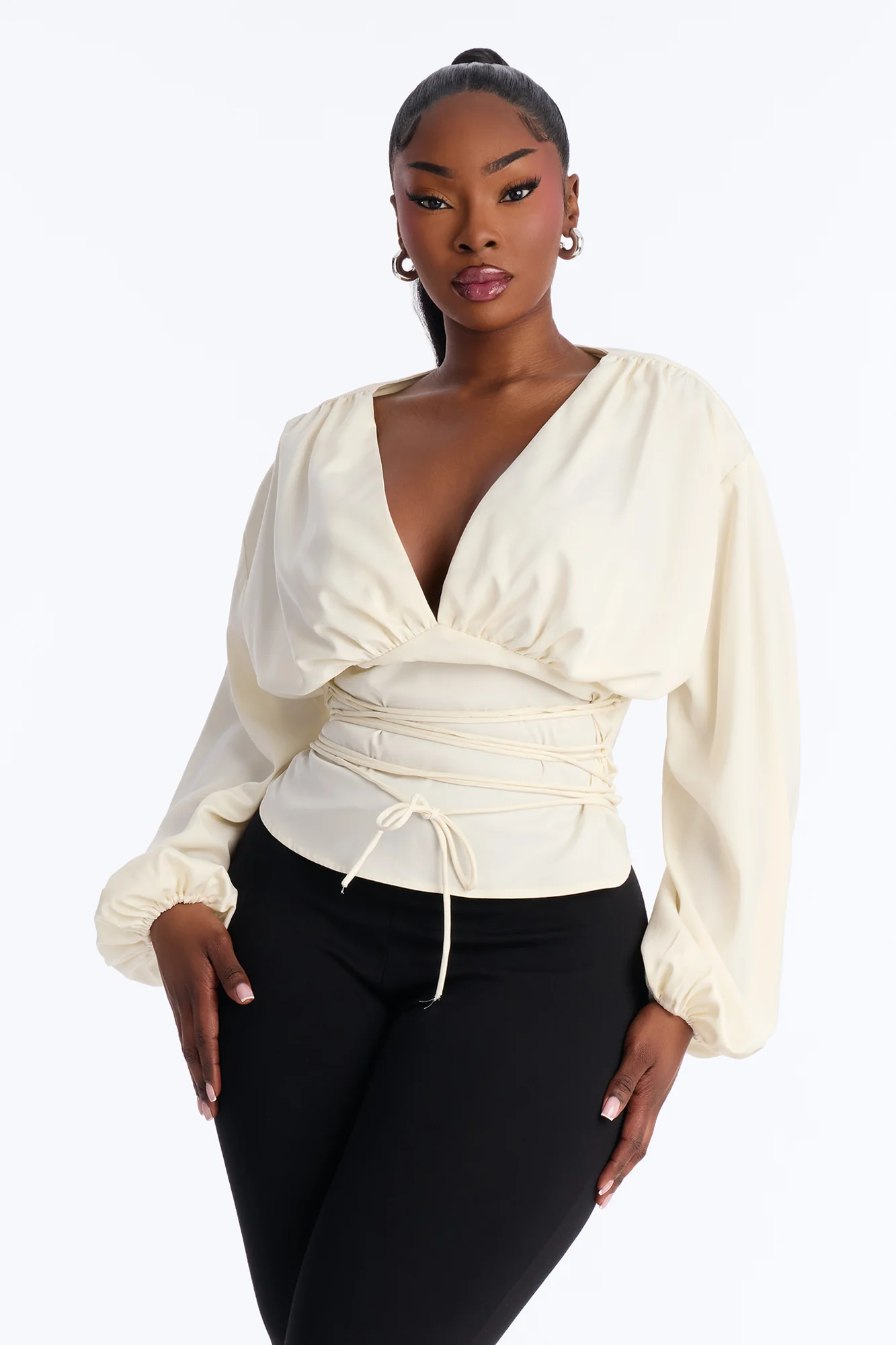 Out And About Lace Up Satin Blouse - Ivory - Image 6