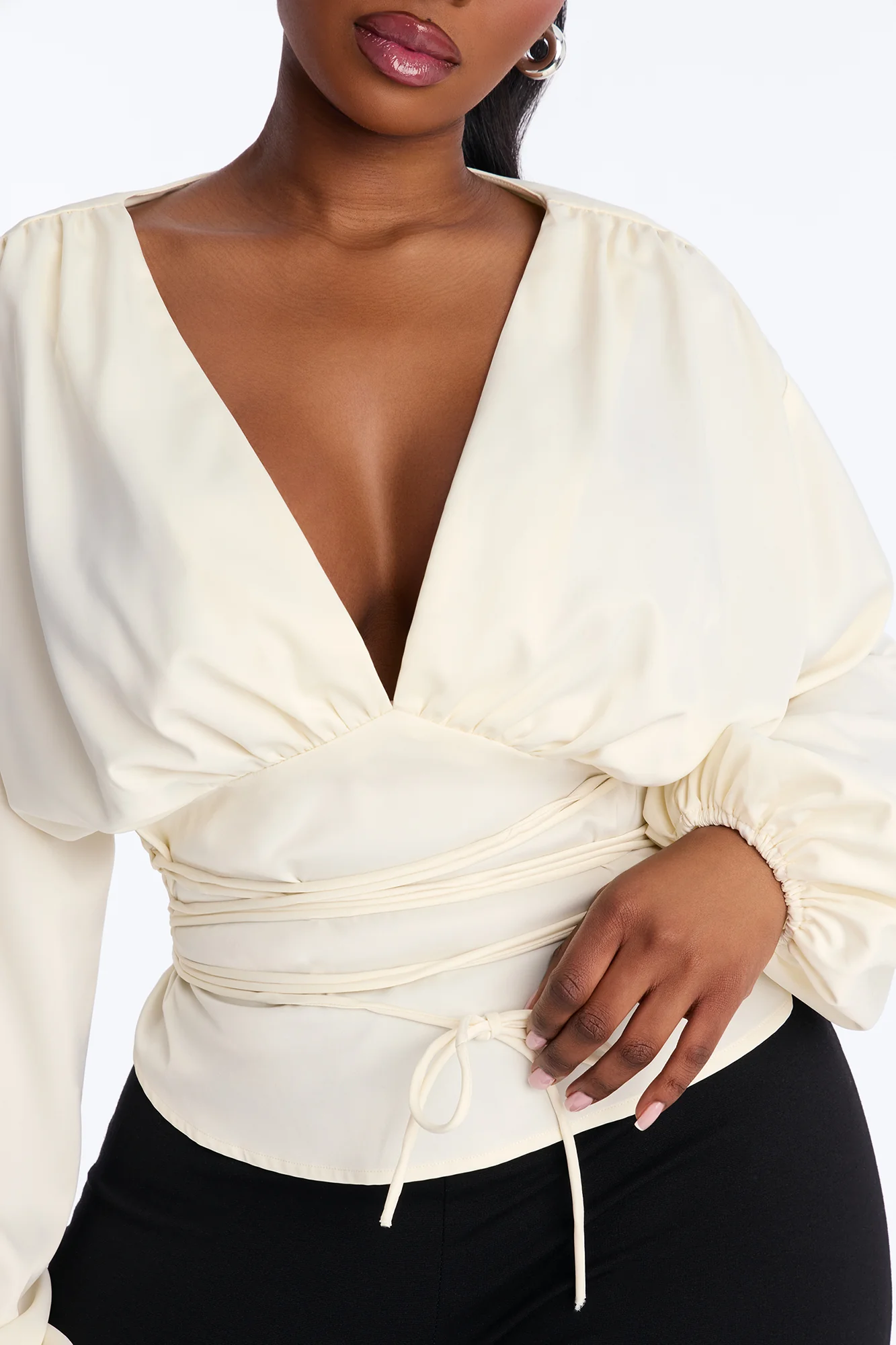 Out And About Lace Up Satin Blouse - Ivory - Image 7